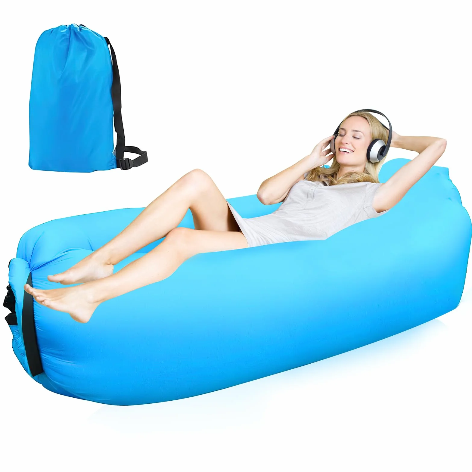 Divano Lettino da Spiaggia Gonfiabile, 200 * 70cm Sedia Gonfiabile Spiaggia, Sdraio Gonfiabile ad Aria, Poltrona Gonfiabile da Esterno, per Campeggio, Feste in Piscina (Blu cielo)