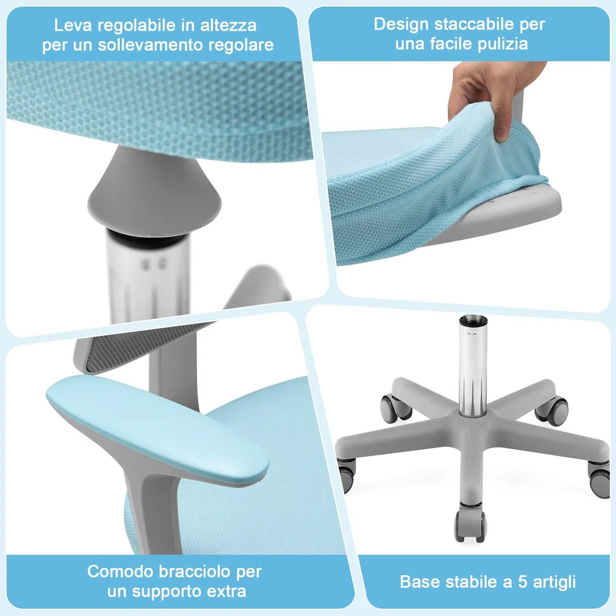 GYMAX Sedia da Scrivania per Bambini, Carico 150 kg, Sedia Ergonomica, Altezza Regolabile, Girevole a 360° (BLU)