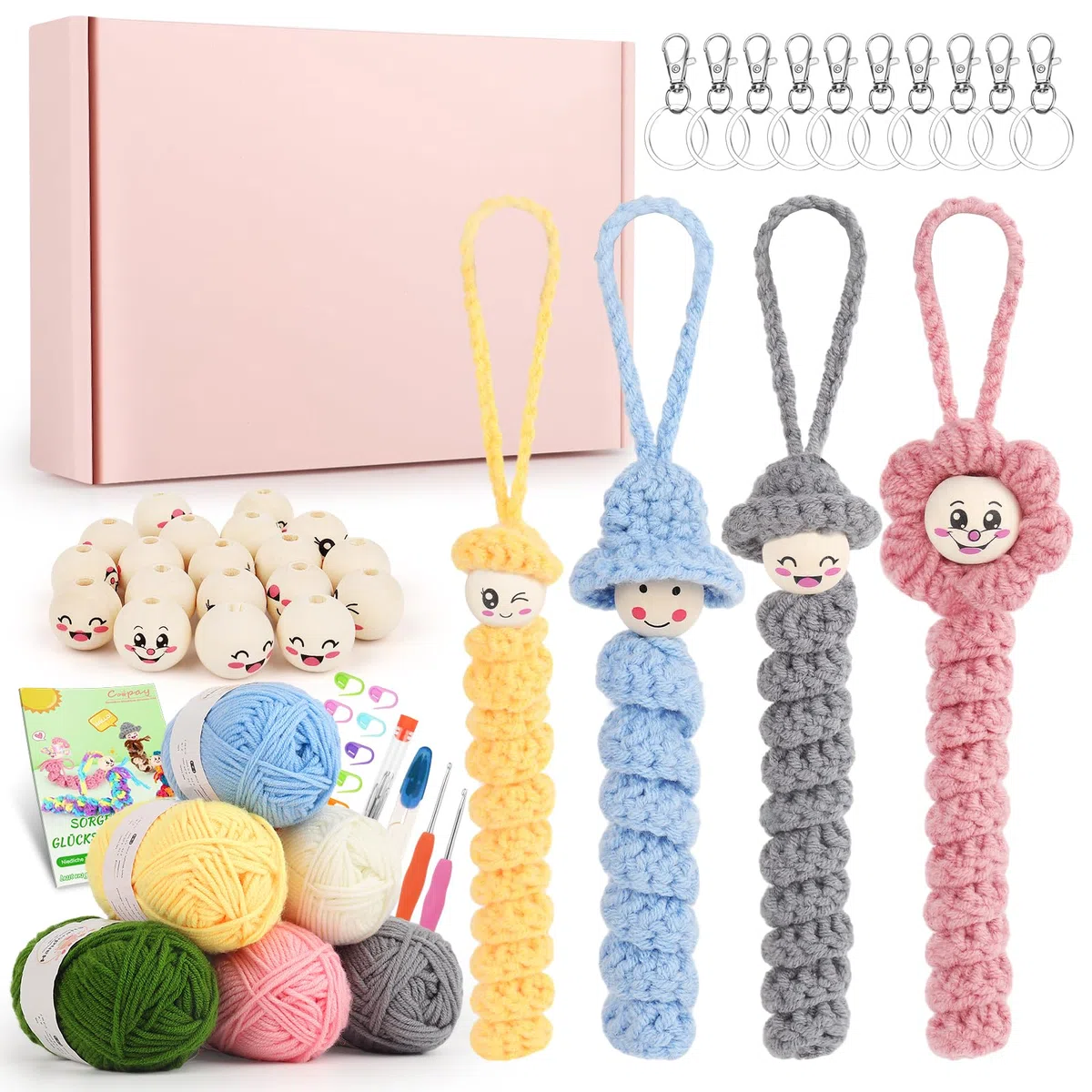 Coopay Worry Worms - Set all'uncinetto per vermi fortunati con 6 gomitoli da 25 g, 40 palline di legno, set all'uncinetto per bambini