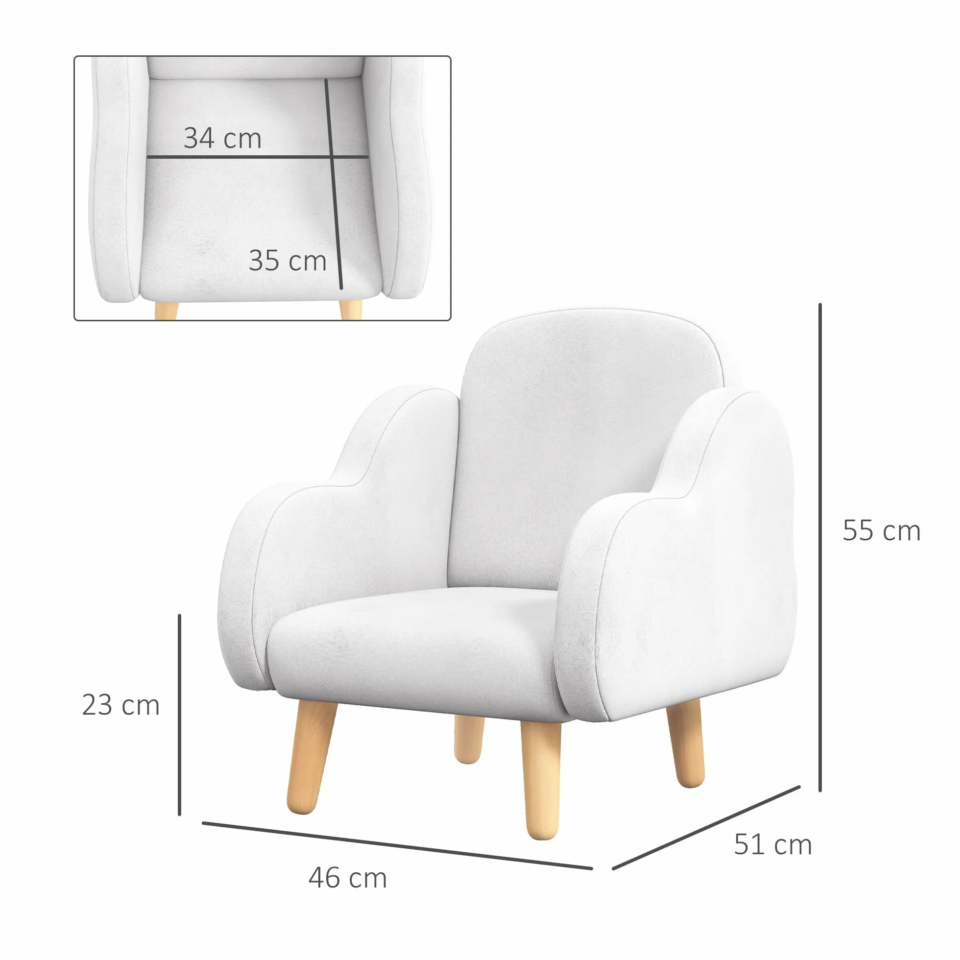 ZONEKIZ Poltroncina per Bambini Stile Scandinavo con Braccioli a Nuvola, Poltrona Piccola per Bambini fino a 3 Anni in Tessuto, 46x51x55 cm, Bianco