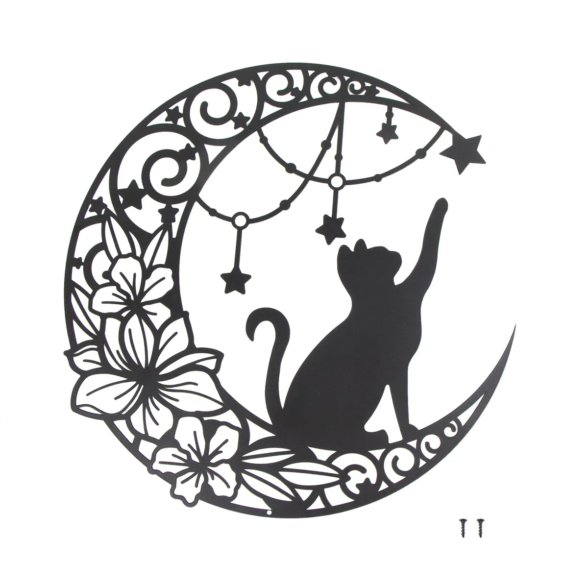 30cm Metallo Decorazione La luna, le stelle e il gatto, Quadro moderno soggiorno, 3D Decorativo Minimalista Moderno Astratto Linea Arte, per soggiorno, ufficio, decorazione per la casa (nero)