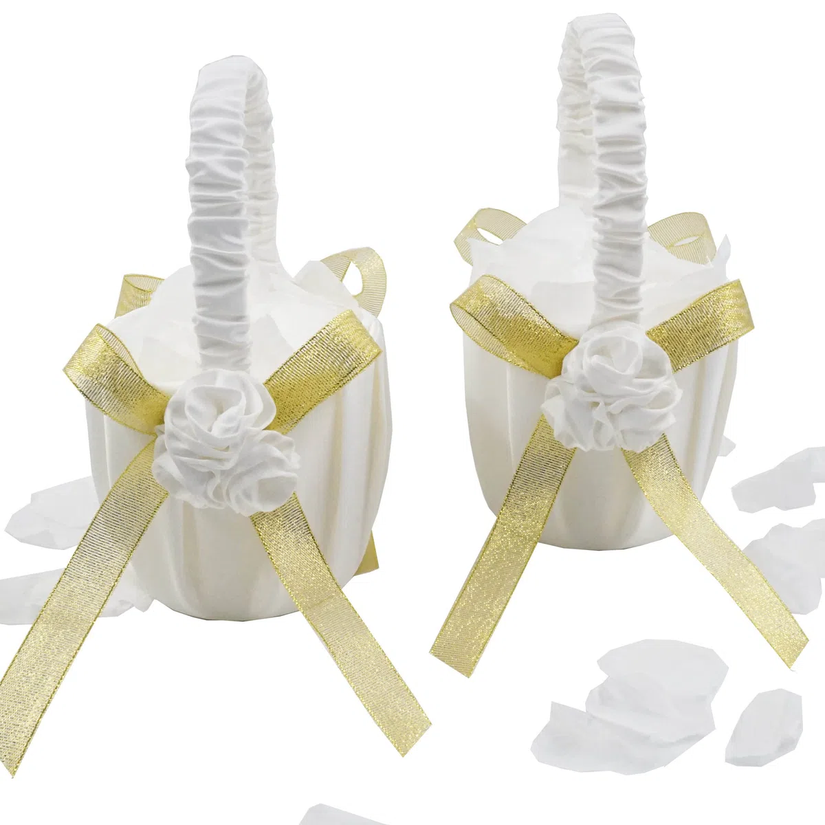 EinsSein 2 cestini da spargere per matrimonio, dorati - 17x26x13 Petali cestini da Sposa Fiore in Raso Confetti Cesto Damigella Bambina Vimini con Manico Porta Rivestiti