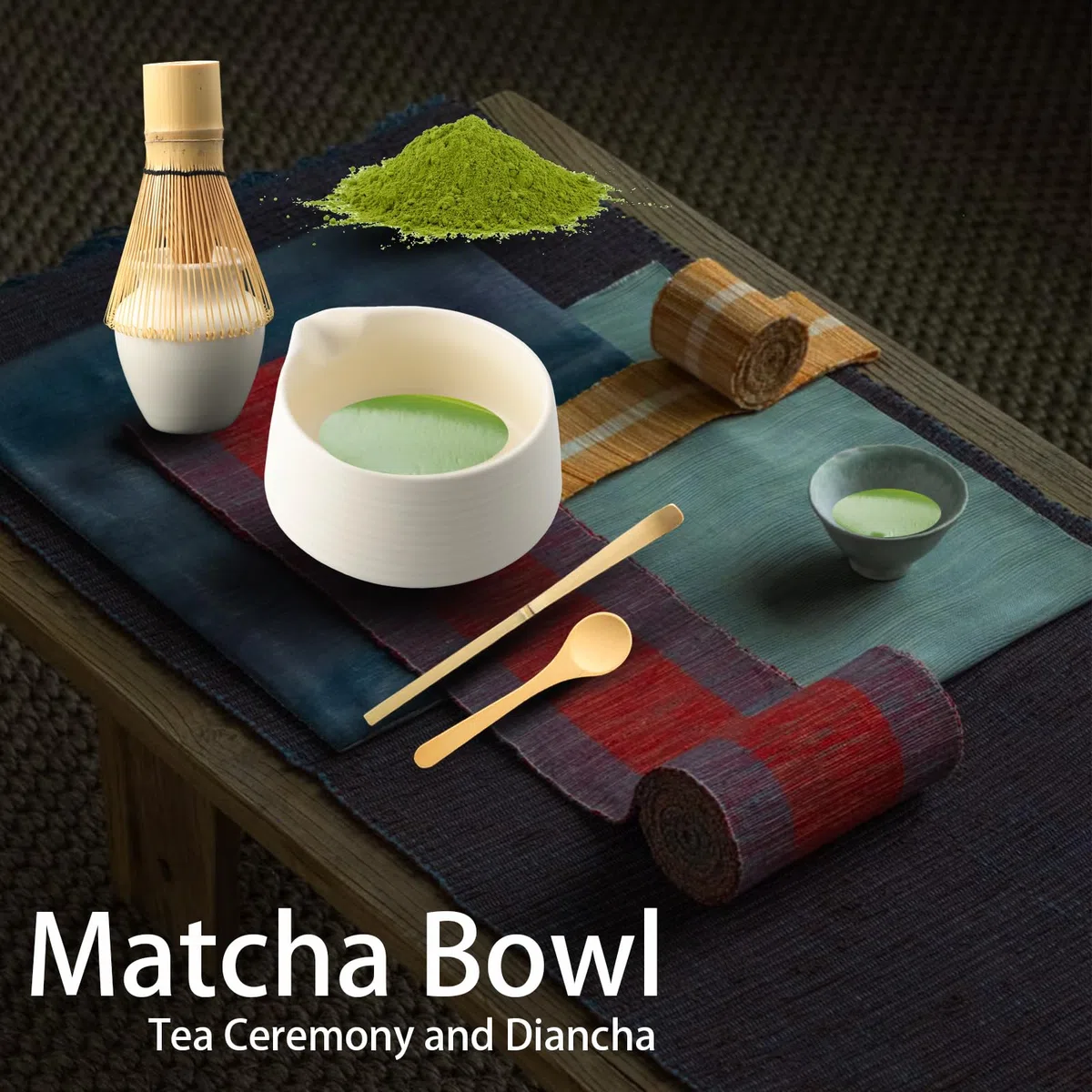 Set Matcha 9 Pezzi Bianco Opaco – Kit Cerimonia del Tè Giapponese con Ciotola con Beccuccio Frusta in Bamboo 2 Cucchiai Chashaku Pesce Supporti Chakin e Filtro