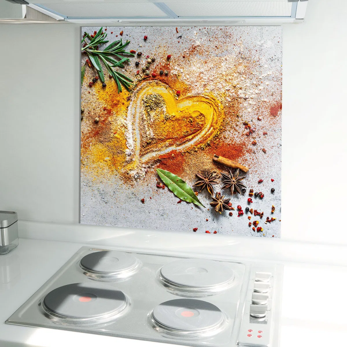 ARTHUB® Paraschizzi Cucina in Vetro temperato 60x60 cm, Heart Spice Powders | Protezione Contro Gli Schizzi, Protezione murale per fornelli, Vetro temperato, Alimenti, Spezie