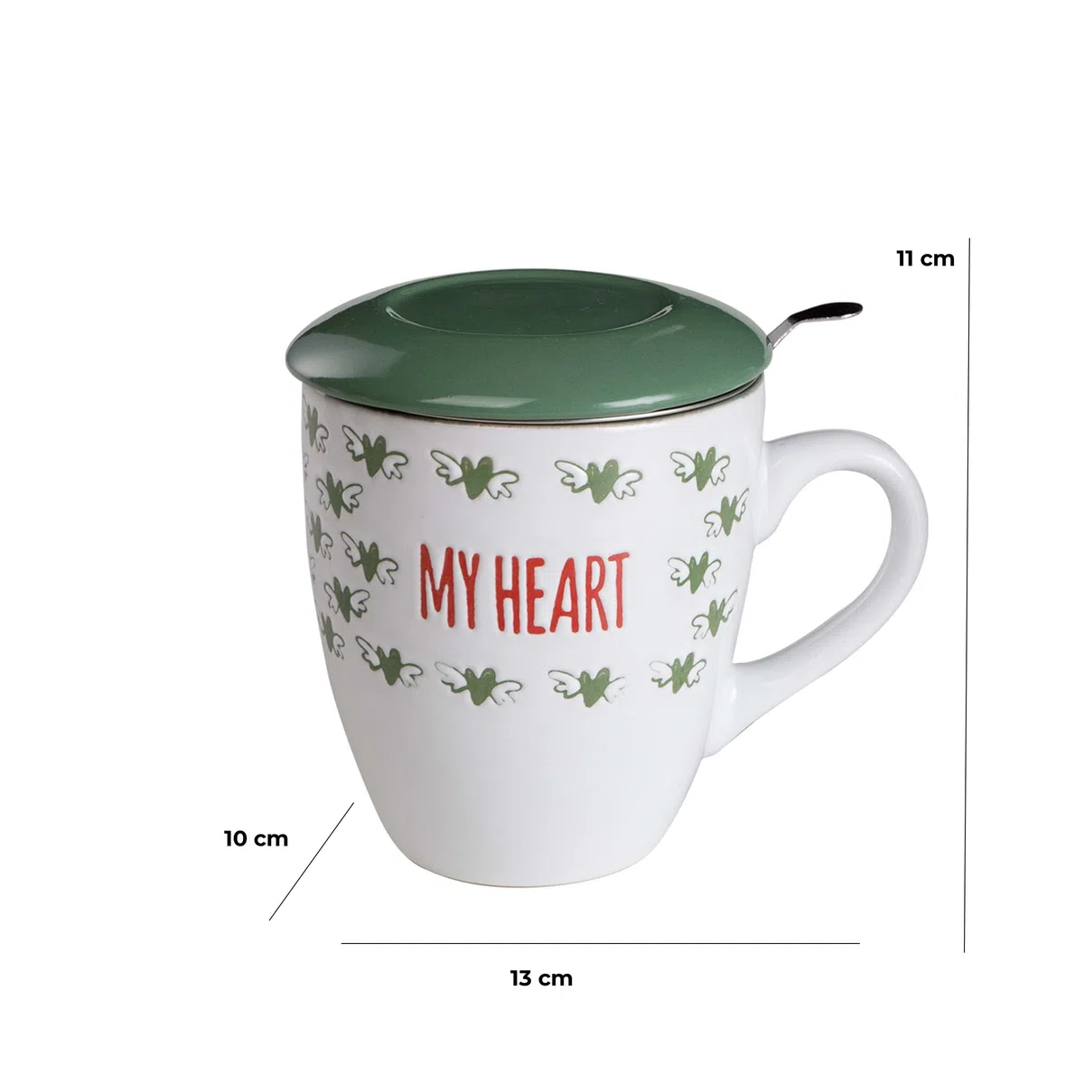 Baroni Home Tazza da tè in Ceramica con Filtro in Acciaio Inox. Tisaniera con Tappo/piattino Colorata Verde My Heart 13x10x11 cm