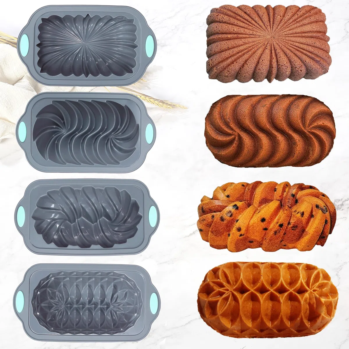 Tongjude 4 pezzi Pan di silicone per la cottura del pane, Pan di cucina antiaderente per il forno, perfetto per pane alla banana, torta di libbre e polpettone, 4 tazze, grigio
