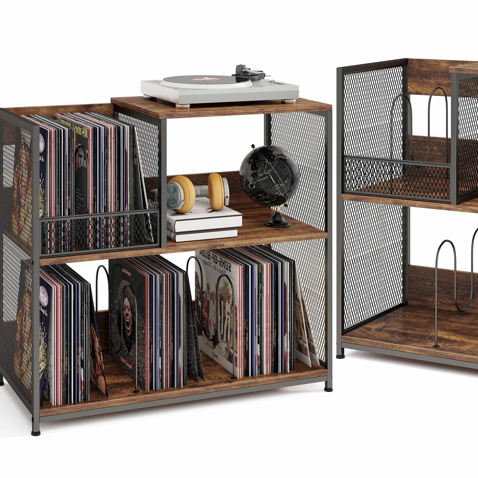 KOMFOTTEU Supporto per Giradischi in Vinile Fino a 300 Album, Espositore per Dischi a 3 Ripiani con 3 Divisori Rimovibili, Mobile Giradischi in Legno e Metallo per Soggiorno, Camera da Letto (Marrone)