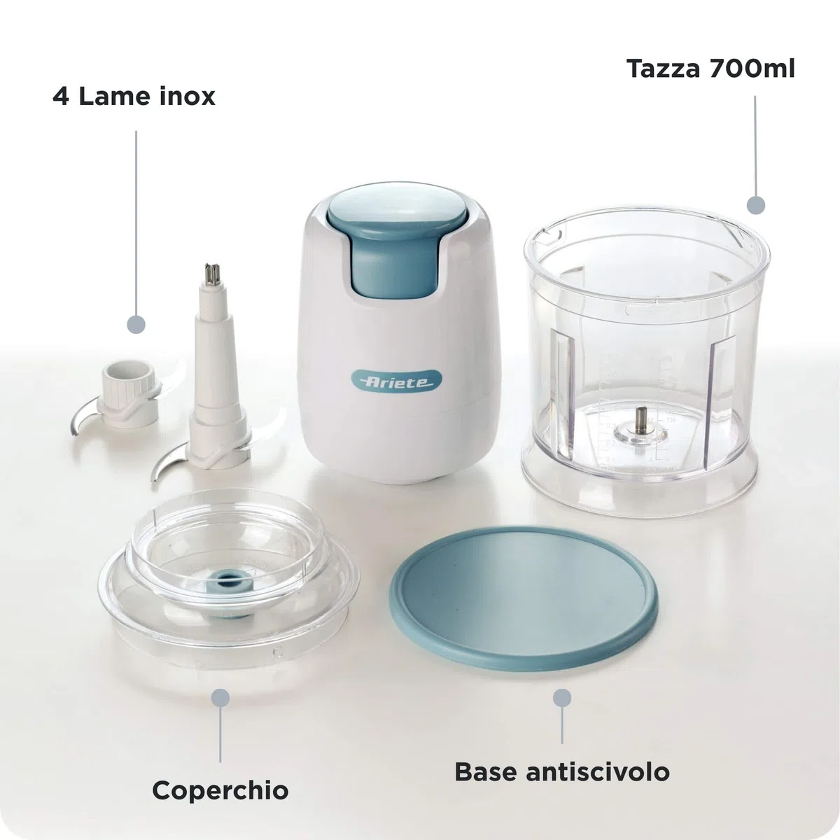 Ariete 437 Tritatutto Breakfast, Chopper, 400W, Capacità 700ml, 4 lame in acciaio inox, 2 velocità, Base antiscivolo, Bianco