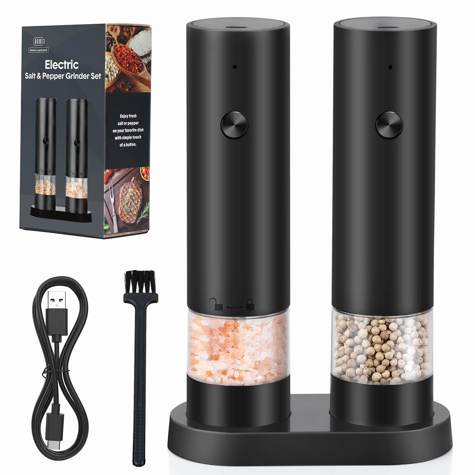 Macina Sale e Pepe Elettrico di 2 Pezzi -Ricaricabile USB Macina Pepe Elettrico con Base-Macinino Spezie a Grana Regolabile, Contenitore Lavabile per Cucina/Picnic/Grigliate