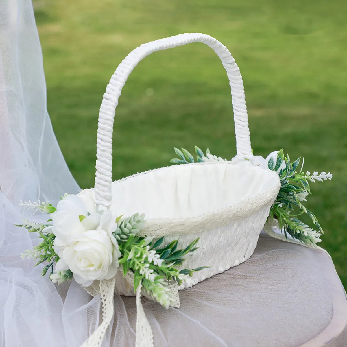 Cesto per Damigella di Fiori, Cestini Bianchi con Fiocco e Manico Pieghevole per Matrimoni e Pasqua
