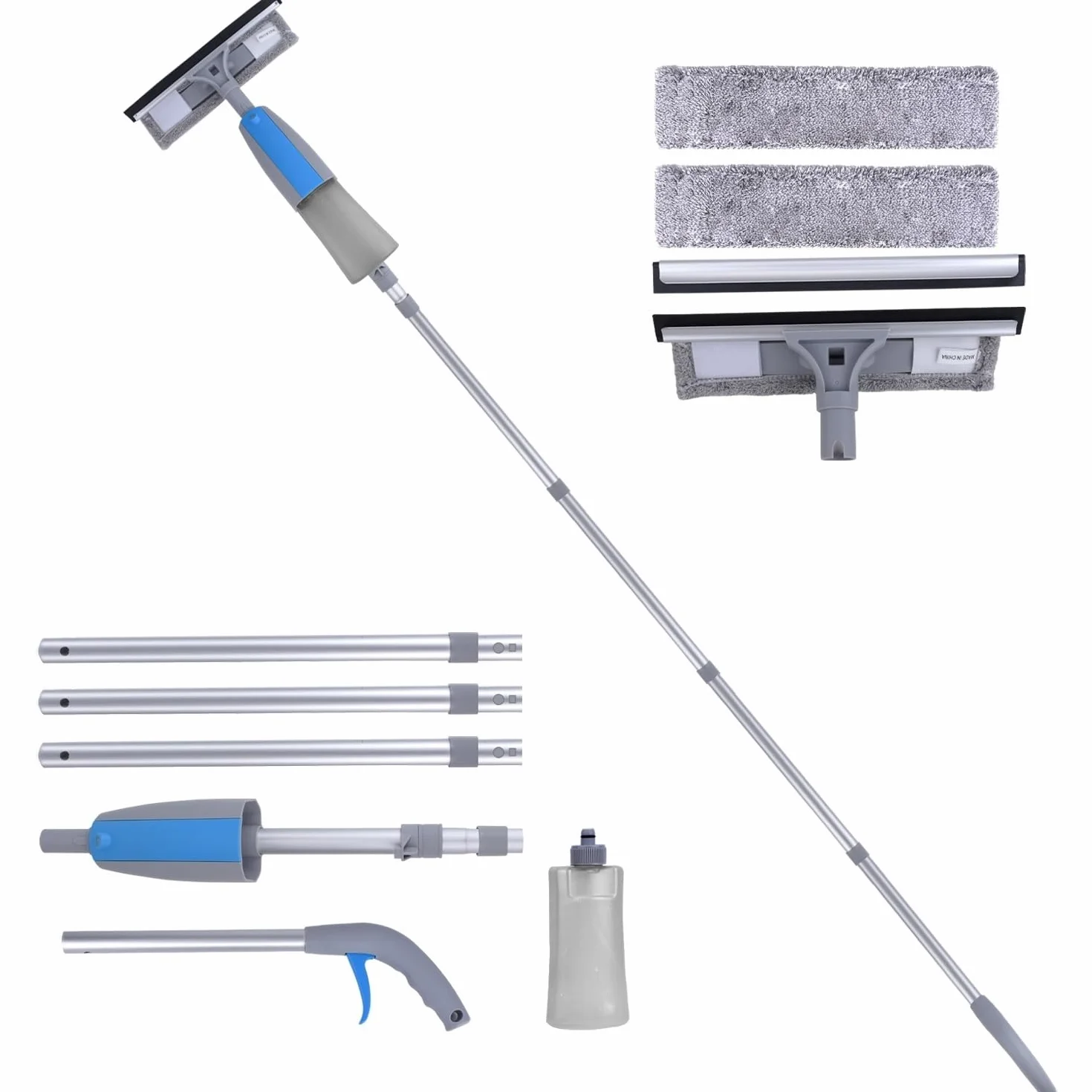 Spazzola Lavavetri con Spray, Kit di Pulizia 3 in 1 con Asta di Prolunga, Lavavetri Professionale da 190 cm con 3 Panni in Microfibra, Strumenti per la Pulizia dei Vetri per Interni ed Esterni