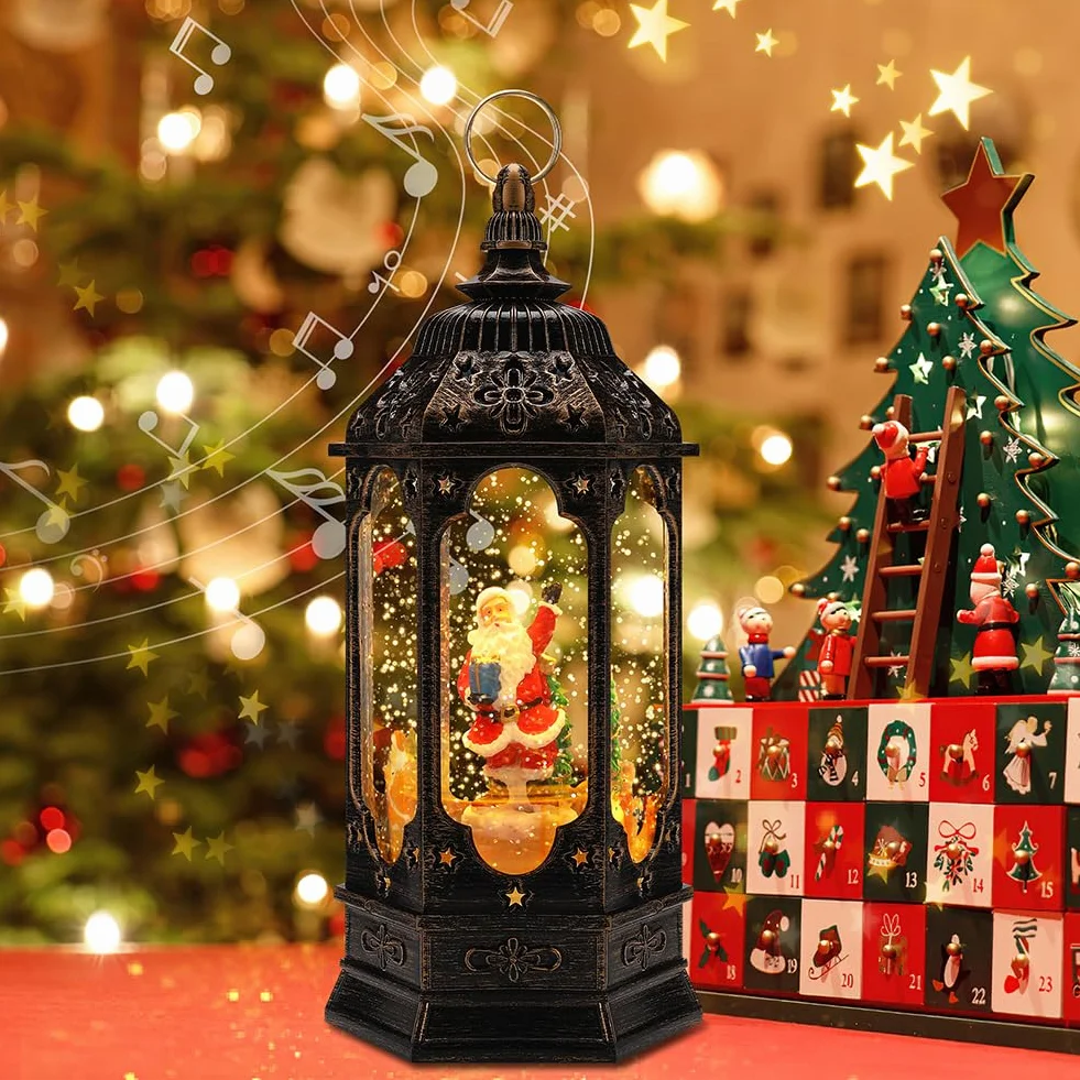 Christmas Lantern,LED Music Lantern with Christmas Snow Globe,Christmas Lantern Retro Christmas Decorations Home Decoration,USB Socket or Battery Powered...