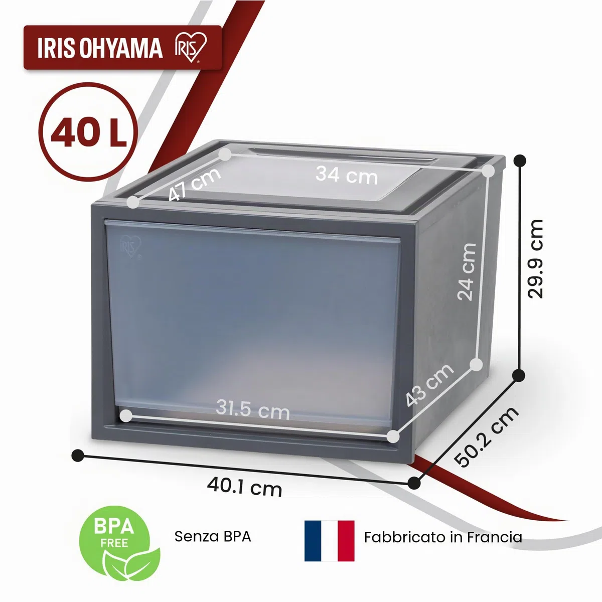 Iris Ohyama, Cassetti in plastica impilabili per vestiti, maglioni, 40L, set di 3, grandi, grigio scuro, cassetto facile da aprire, per armadio, camera da letto, senza BPA, organizzatore, BC-NS-500D