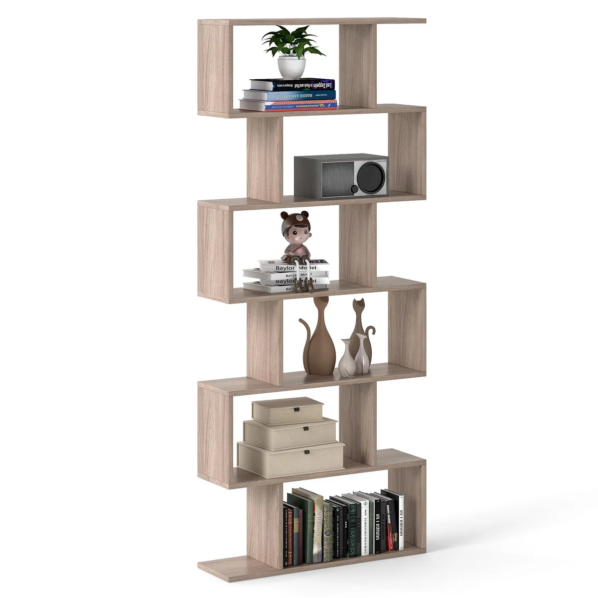 COSTWAY Scaffale a 6 Ripiani, Libreria a Forma di S, Libreria Scaffale da Terra in Legno, Divisorio per Soggiorno, Camera da Letto, Ufficio, 80 x 23 x 192 cm (Quercia)