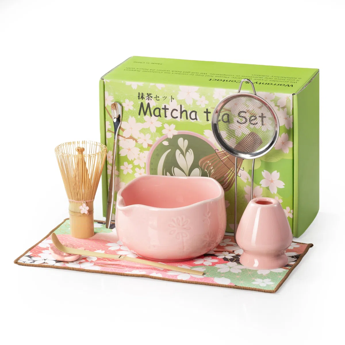 TIZU Set da tè Matcha, 8 pezzi, set con frusta, ciotola con beccuccio, paletta, cucchiaio, setaccio, porta frusta, regalo tradizionale giapponese per gli amanti del tè matcha (rosa)
