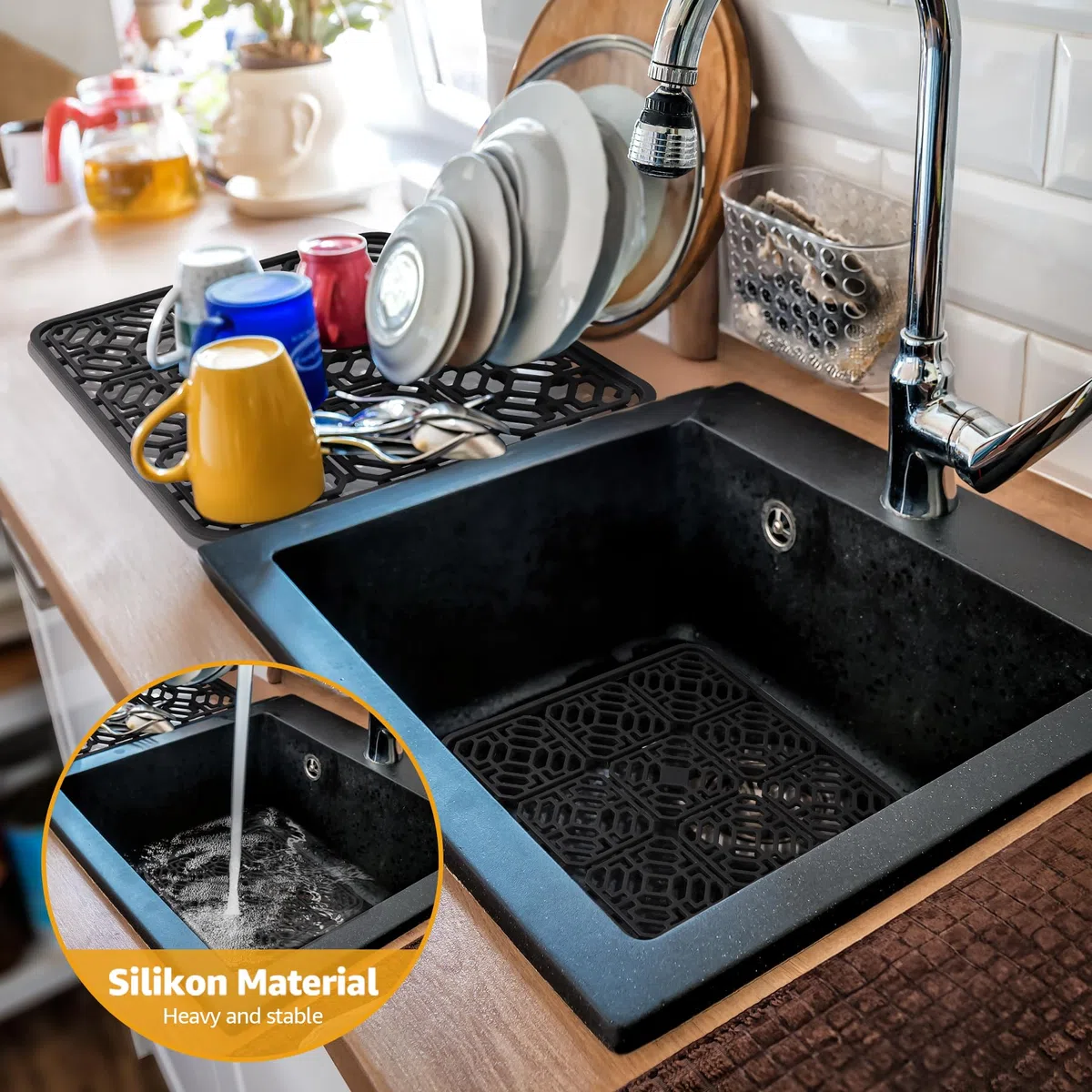 Tappetino per Lavello Cucina 30x30 cm,Silicone Tappetino per Lavello,Proteggi Lavandino Cucina Adatto ai Piani di Lavoro della Cucina,Resistente al Calore e Antiscivolo (Grigio Scuro)