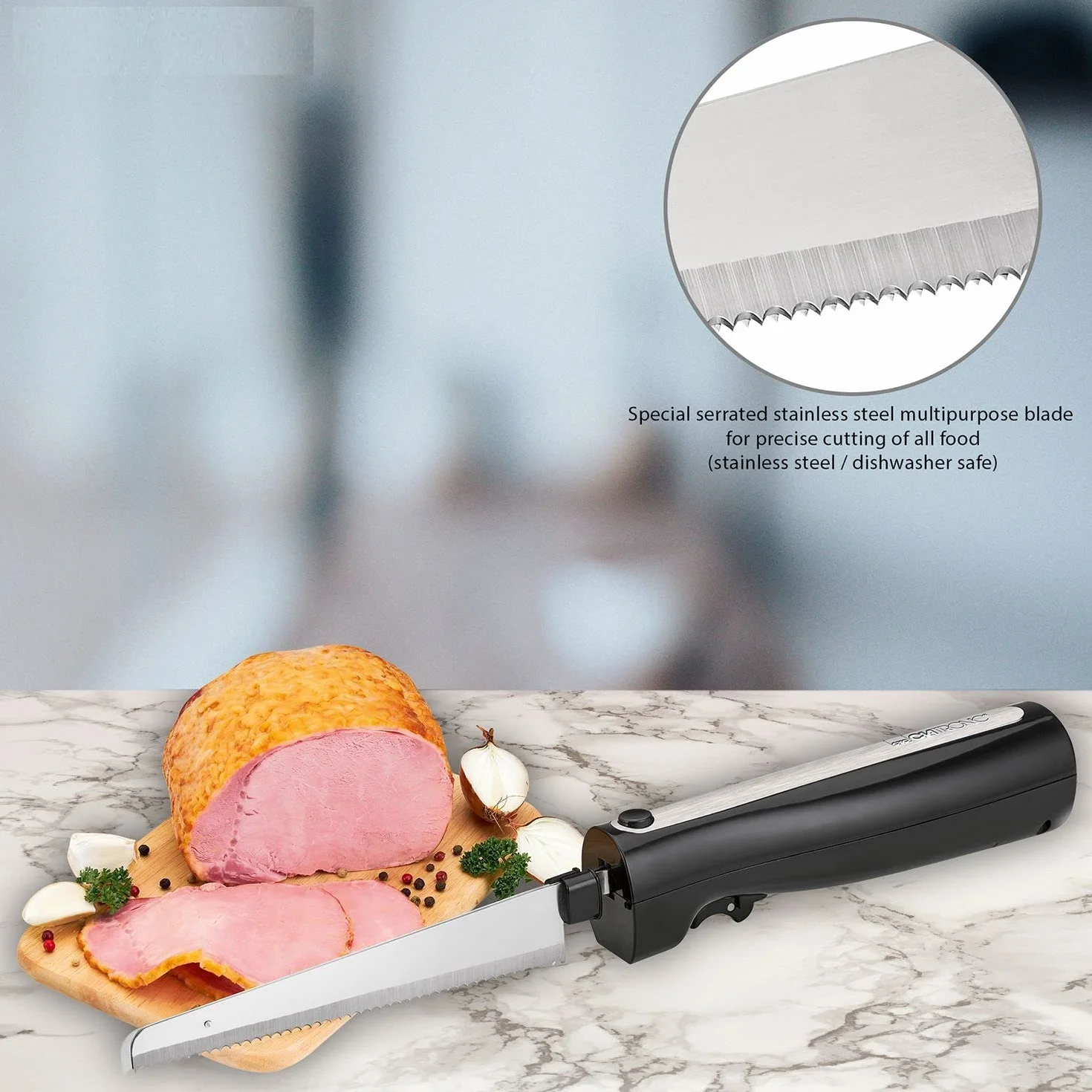 Coltello elettrico per pane di carne con doppie lame in acciaio inossidabile, inclusa scatola e panno per la pulizia - potente motore da 120 watt - silenzioso, lavabile in lavastoviglie