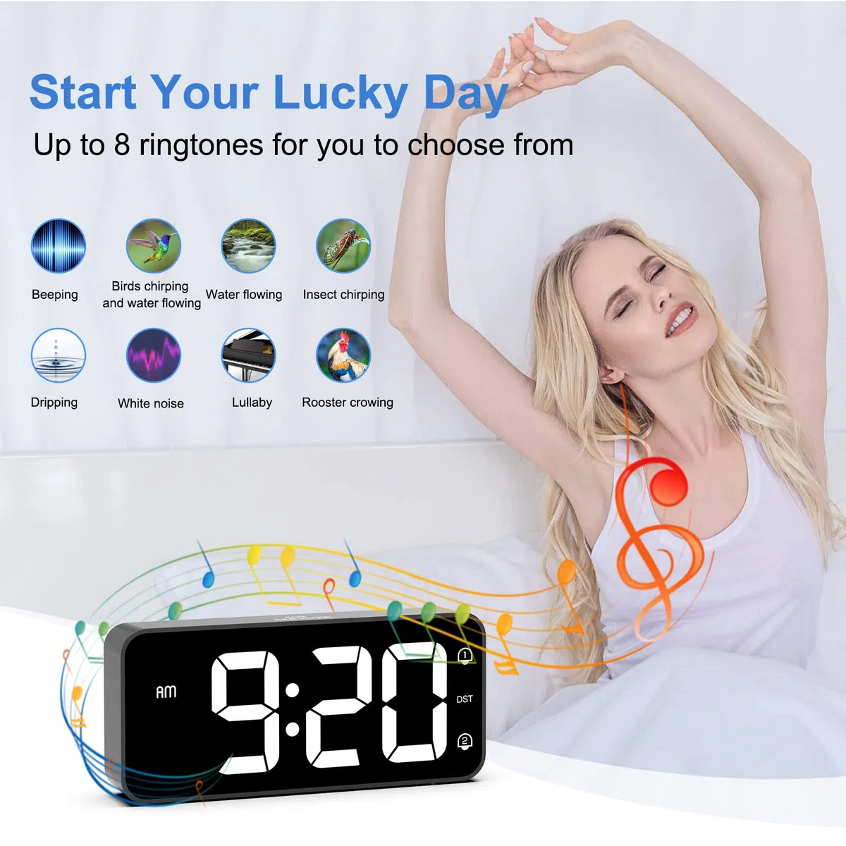 LATEC Sveglia Digitale, Sveglia da Comodino LED con Adattatore, Luminosità e Volume Regolabili, Schermo Grande da 5,8" con 2 Allarme, Snooze, 12/24 Ore per Ufficio Camera da Letto, Nero