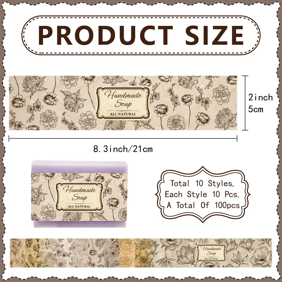 CREATCABIN 100 pz. Confezione Sapone 10 Stili Nastro Carta Sapone Motivo Floreale Vintage Etichette Verticali Sapone Fascette Forniture Imballaggio Saponette Fatte A Mano Confezioni Regalo 5x21cm