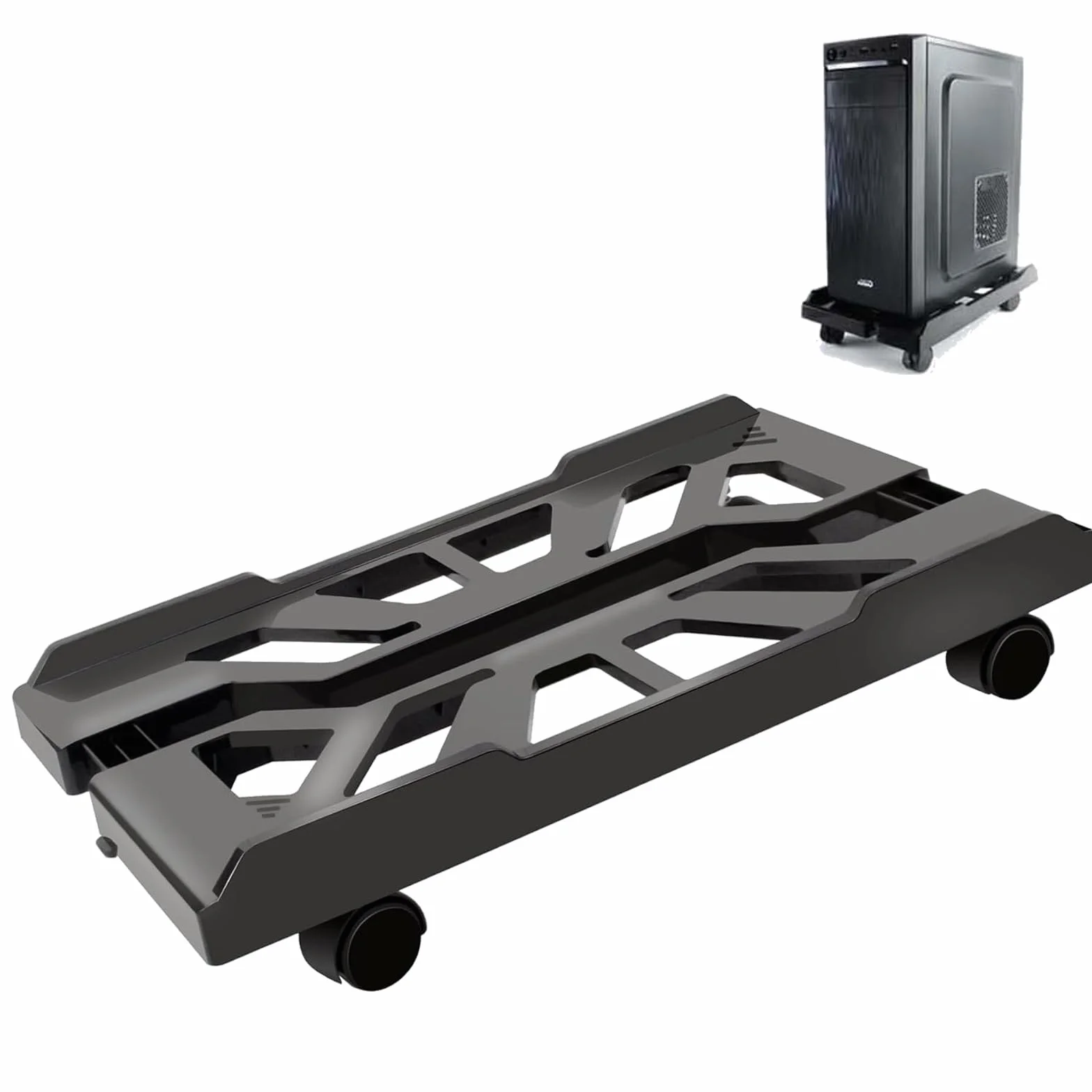 Eymobad Supporto per PC, supporto per computer tower, supporto per CPU mobile per pavimento, supporto per PC, supporto per PC sotto scrivania con 4 ruote girevoli, universale regolabile – nero