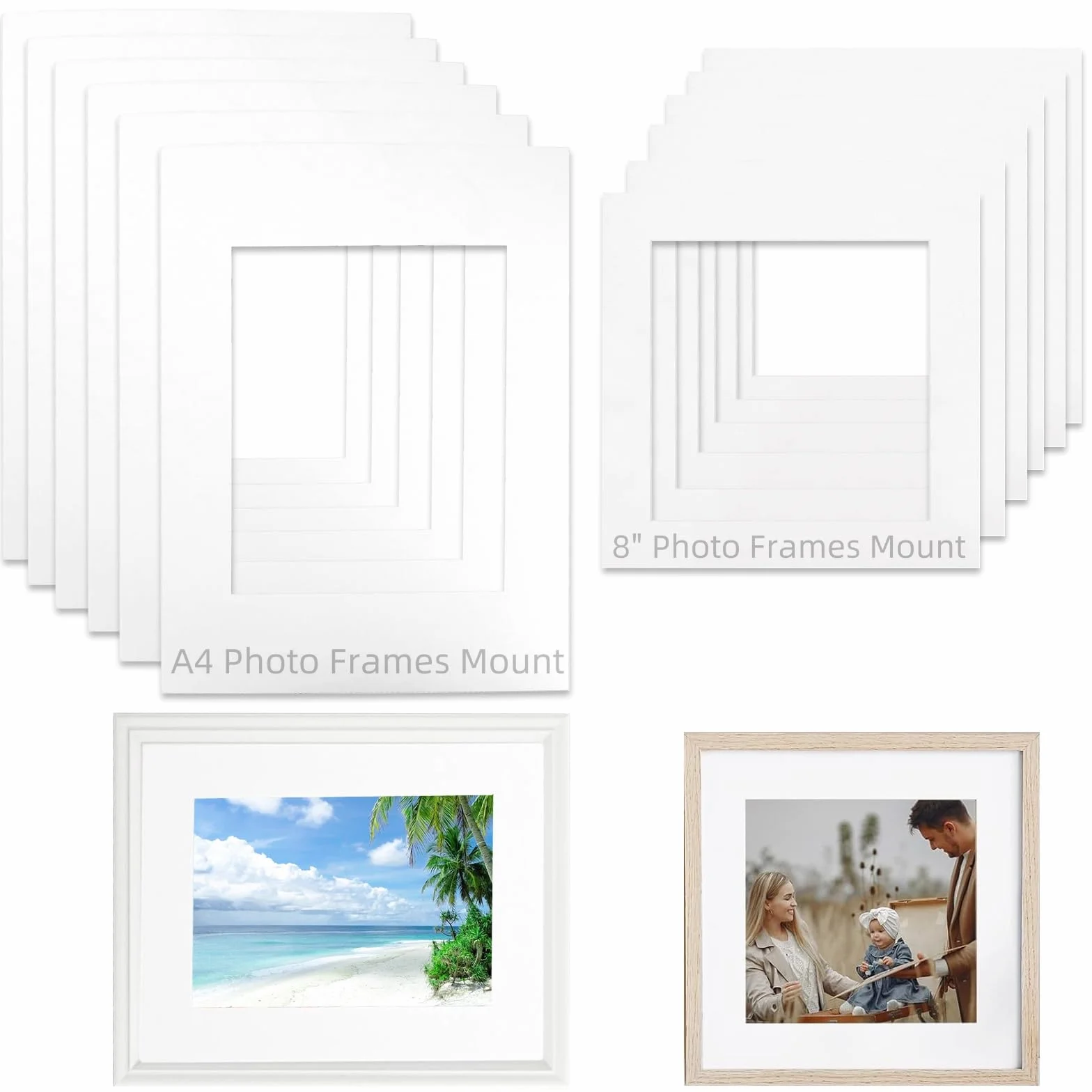 12 Pezzi Passepartout in Cartone Bianco Senza Acidi Set, A4 Cornice Tappetino Supporti Pretagliato Rettangolari, Passepartout Quadrati con Taglio Smussato per Foto Quadri 19.1x14/14.1x14.1cm