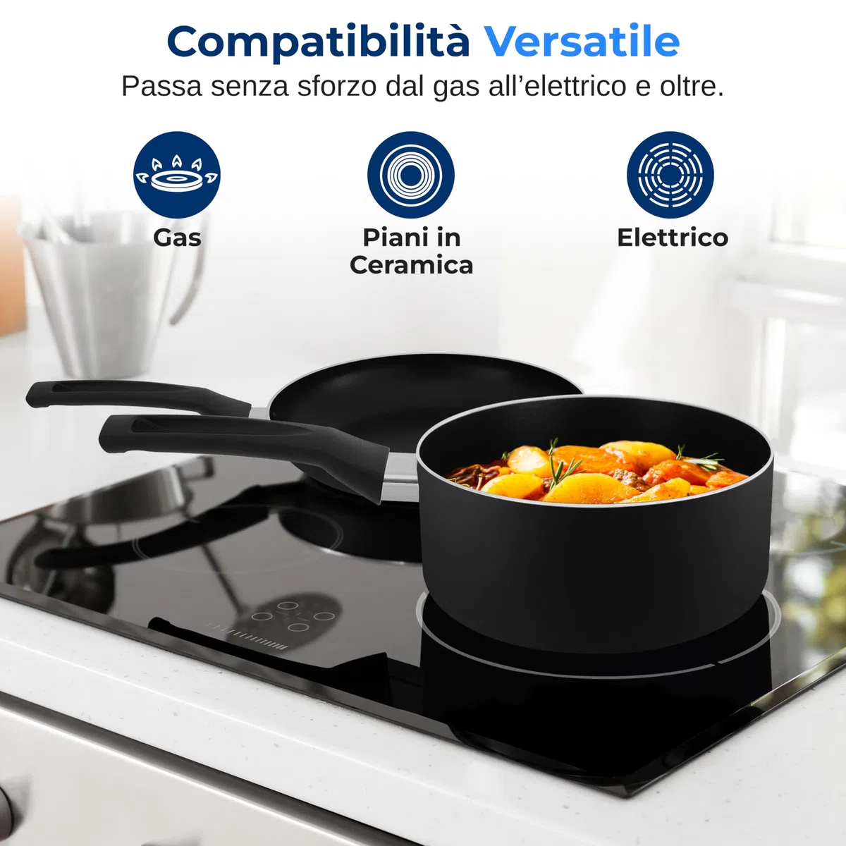 SereneLife Pentole e Padelle Set Cucina 15 Pezzi, Rivestimento Antiaderente Senza PFOA/PFOS, Smalto Resistente al Calore, Manici in Bachelite, Nero
