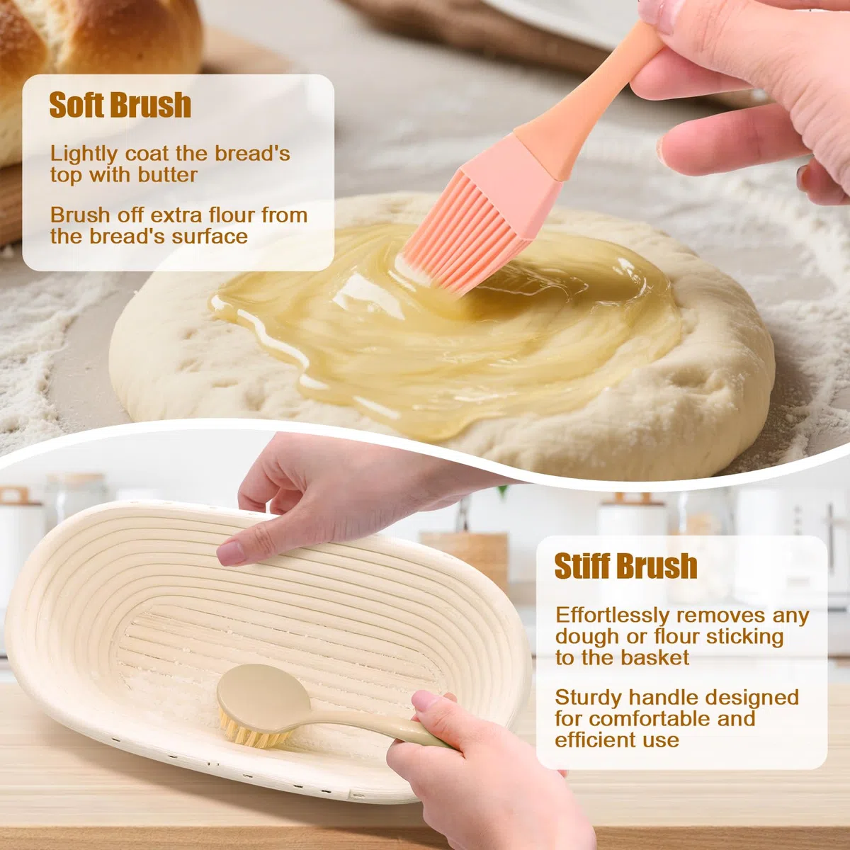 Cestino Lievitazione Pane Ovale 28 cm per 700g di Impasto, Set Cestino Pane in Rattan Naturale con Panno di Lino, Coperchi per Lievitazione, Taglierino, Spazzole - Kit Panificazione Avvio