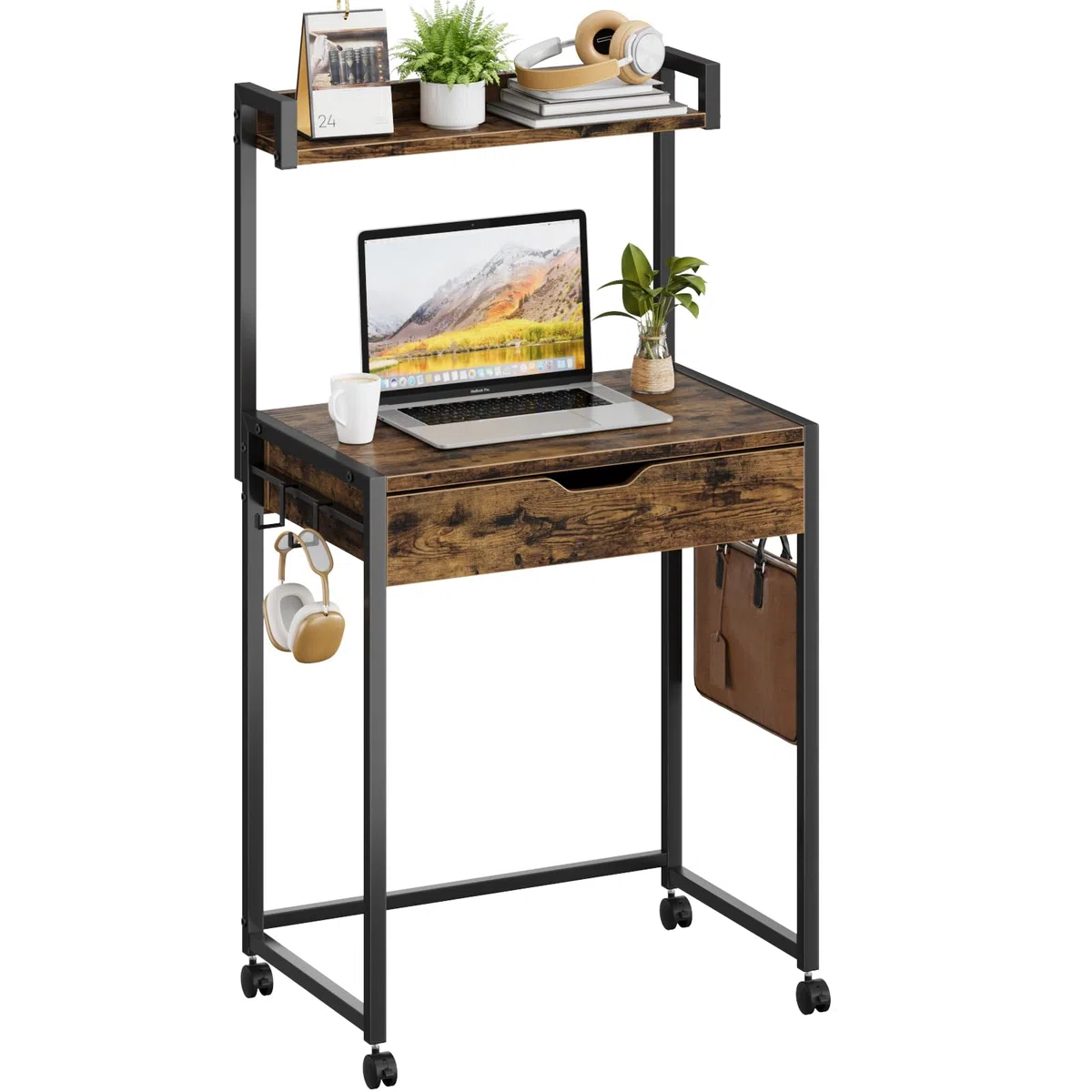 Bestier Piccolo tavolo per computer da 64 cm, con vano portaoggetti e cassetti, adatto per studio, camera da letto, soggiorno e spazi compatti (nero)