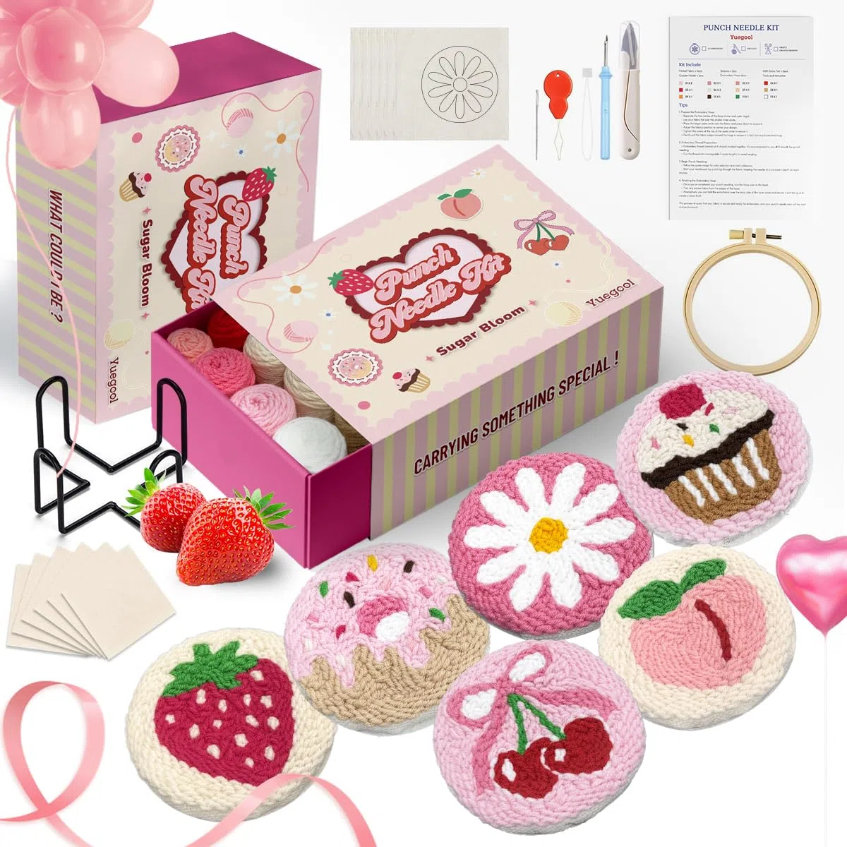 yuegool Kit di 6 sottobicchieri con ago perforatore, facile da ricamare fai da te, per principianti e regalo di San Valentino con motivi, strumenti e istruzioni
