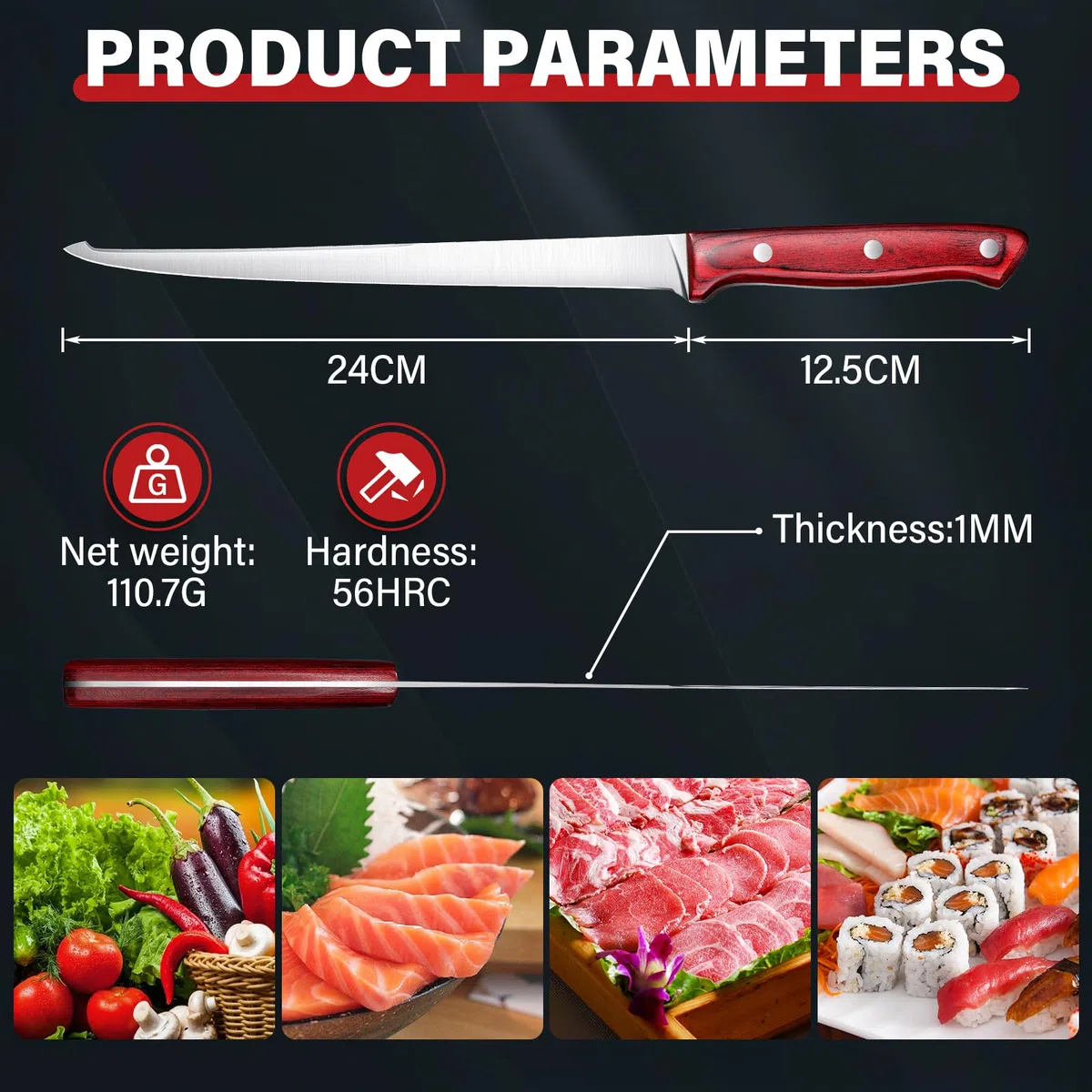 TAN REN Coltello per Sfilettare Pesce, 24.0 CM Coltello da Disosso Professionale in Acciaio Inossidabile, Bordo Disossare Pesce e Carne, Coltelli da Cucina Professionali e Domestica,Ristoranti