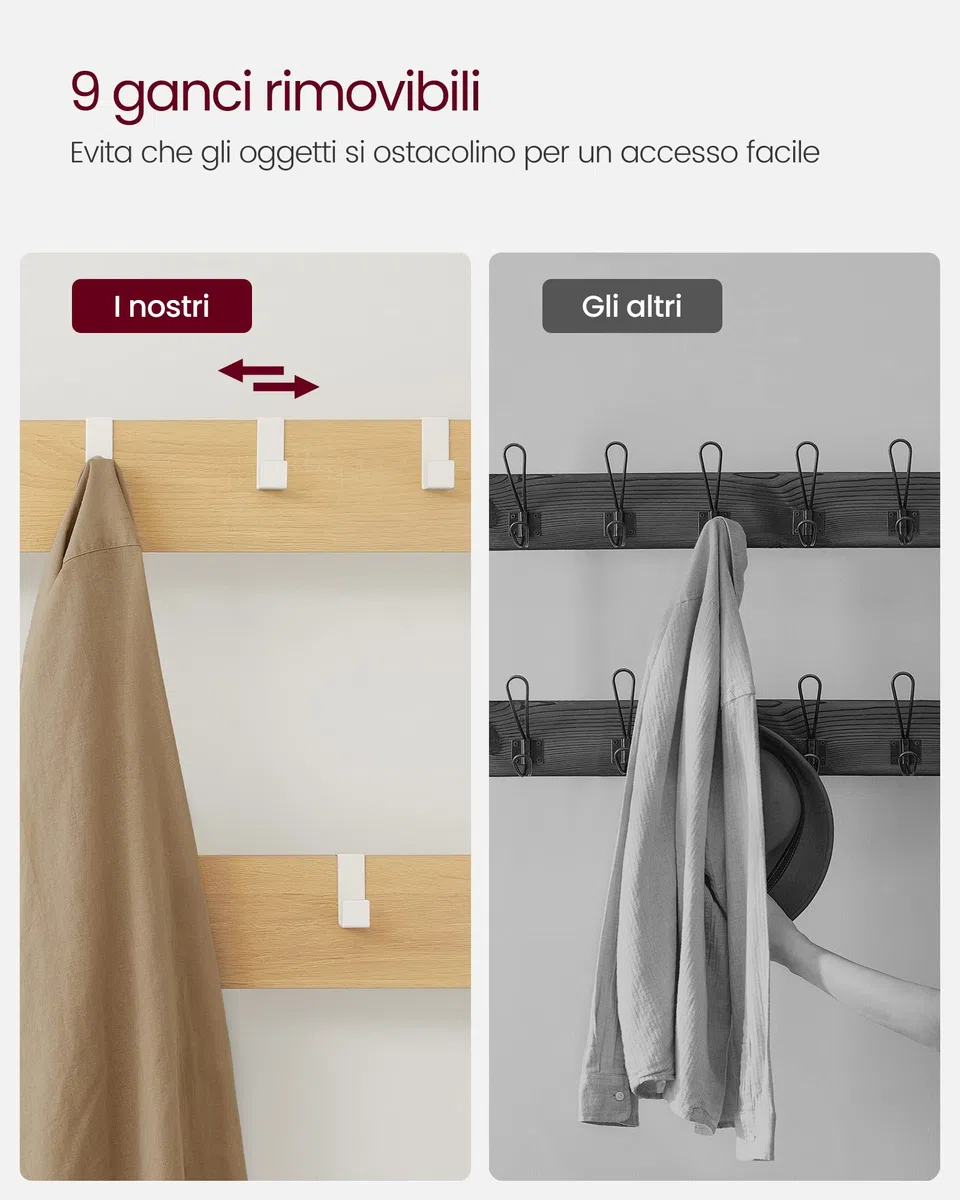 VASAGLE Appendiabiti, Mobile Ingresso con Ganci, Specchio, Panca Scarpiera e Ripiani, 36 x 98 x 185 cm, Corridoio Camera da Letto Salotto, Color Rovere e Bianco HSR050W09