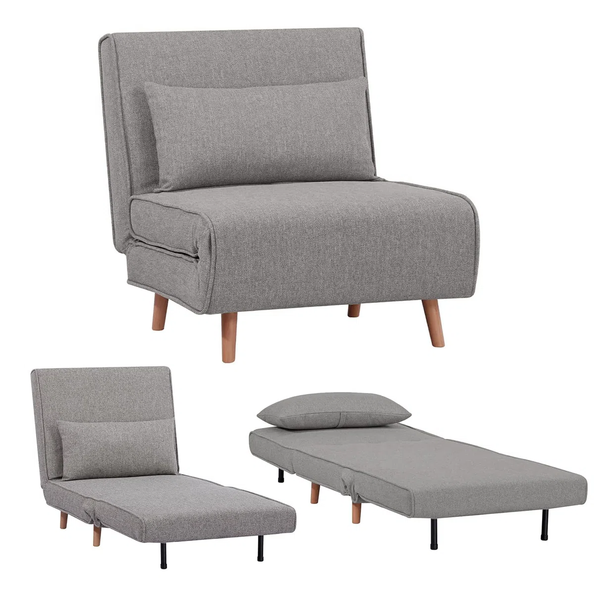 EVERGREENWEB Poltrona Letto Singolo con Cuscino Imbottito INCLUSO, Tessuto Grigio Chiaro, Divano 1 Posto Salvaspazio Pieghevole, Pouf Poggiapiedi, Schienale Regolabile Clic Clac, Gambe in Legno, FOLDY