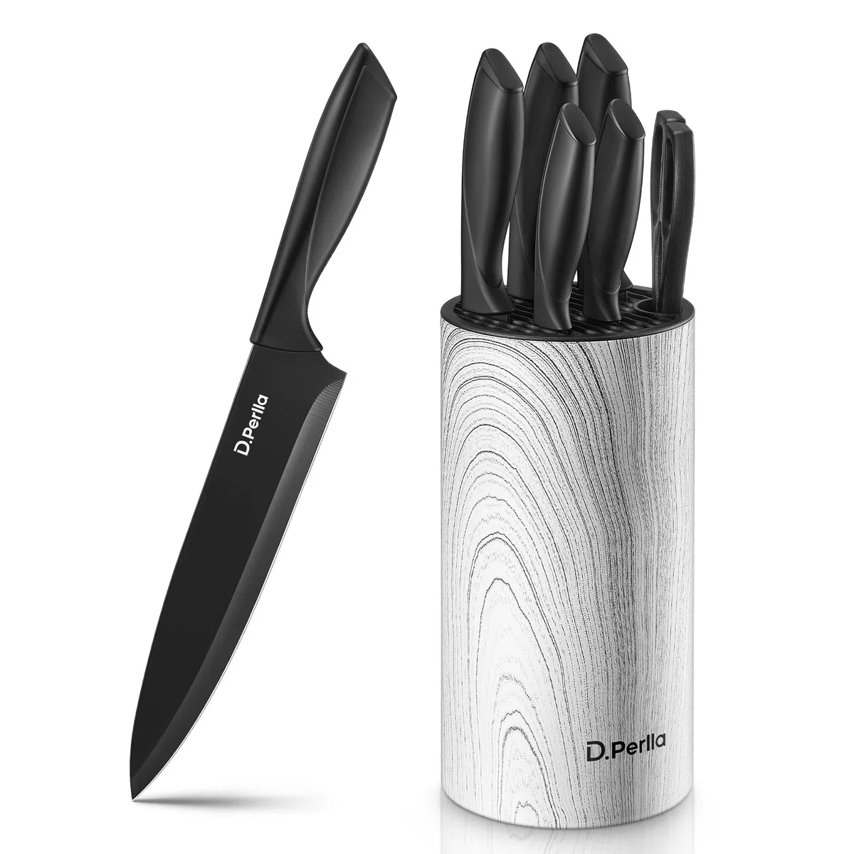 D.Perlla Set Coltelli da Cucina 7 Pezzi, Coltelli da Cucina in Acciaio Inossidabile, Con Ceppo Coltelli Tondo Verticale, Con Forbici da Cucina