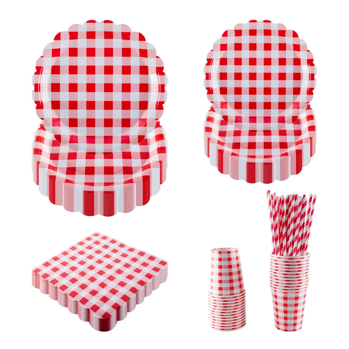 Set di piatti per feste, bicchieri e tovaglioli per 25 ospiti, include piatti di carta smerlati a quadretti rossi (17,8 e 22,9 cm), perfetti per feste, eventi e celebrazioni