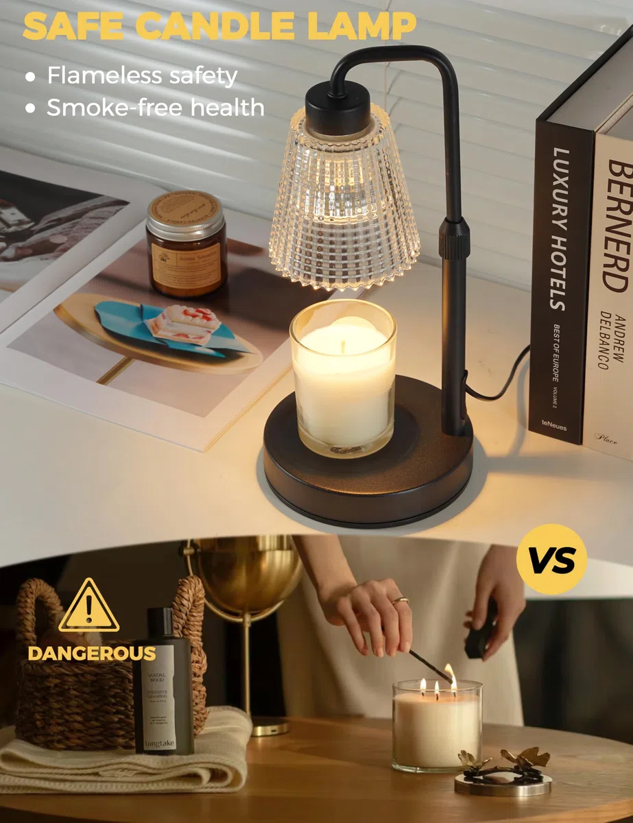 GODONLIF Lampada scaldacandele, altezza regolabile, timer dimmerabile, decorazione per la casa, cera melts, scalda candele in vetro con 2 lampadine, Nero