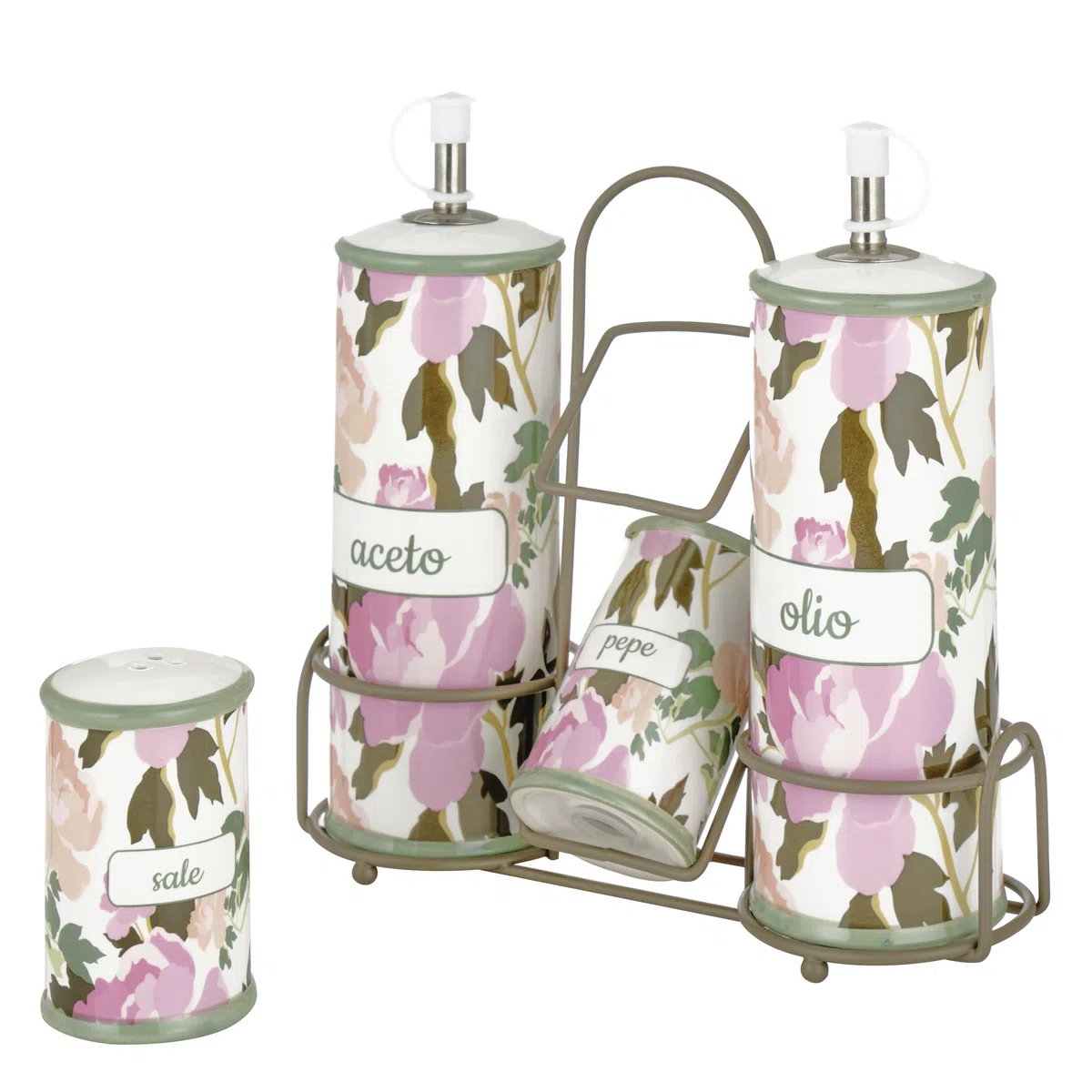 Baroni Home Menage Olio Aceto Sale Pepe in Ceramica con Stand in Metallo, Accessorio da Cucina Colorato Resistente, Linea Rose, 21X8X22cm