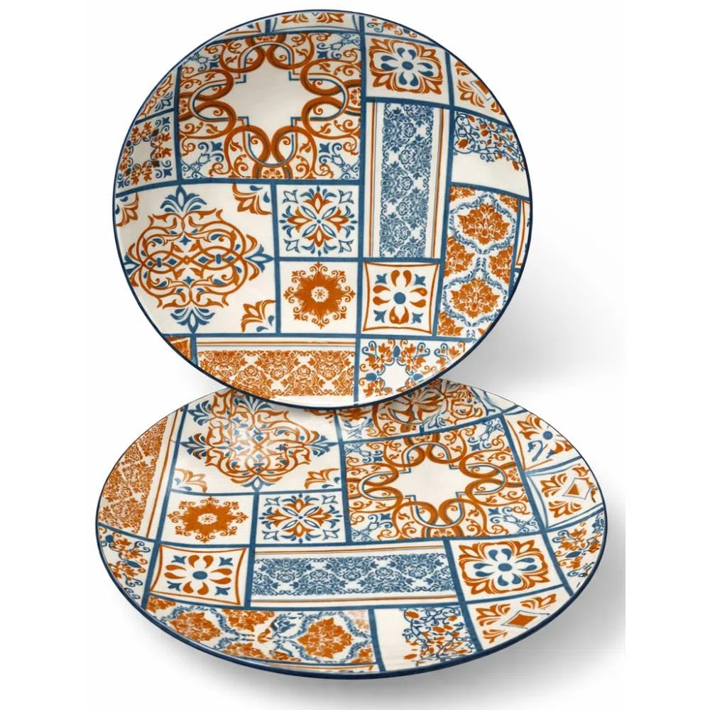 Servizio Piatti 12 Pezzi in Ceramica – Linea Maiolica Azzurra e Arancio –– Set Tavola Elegante e Resistente