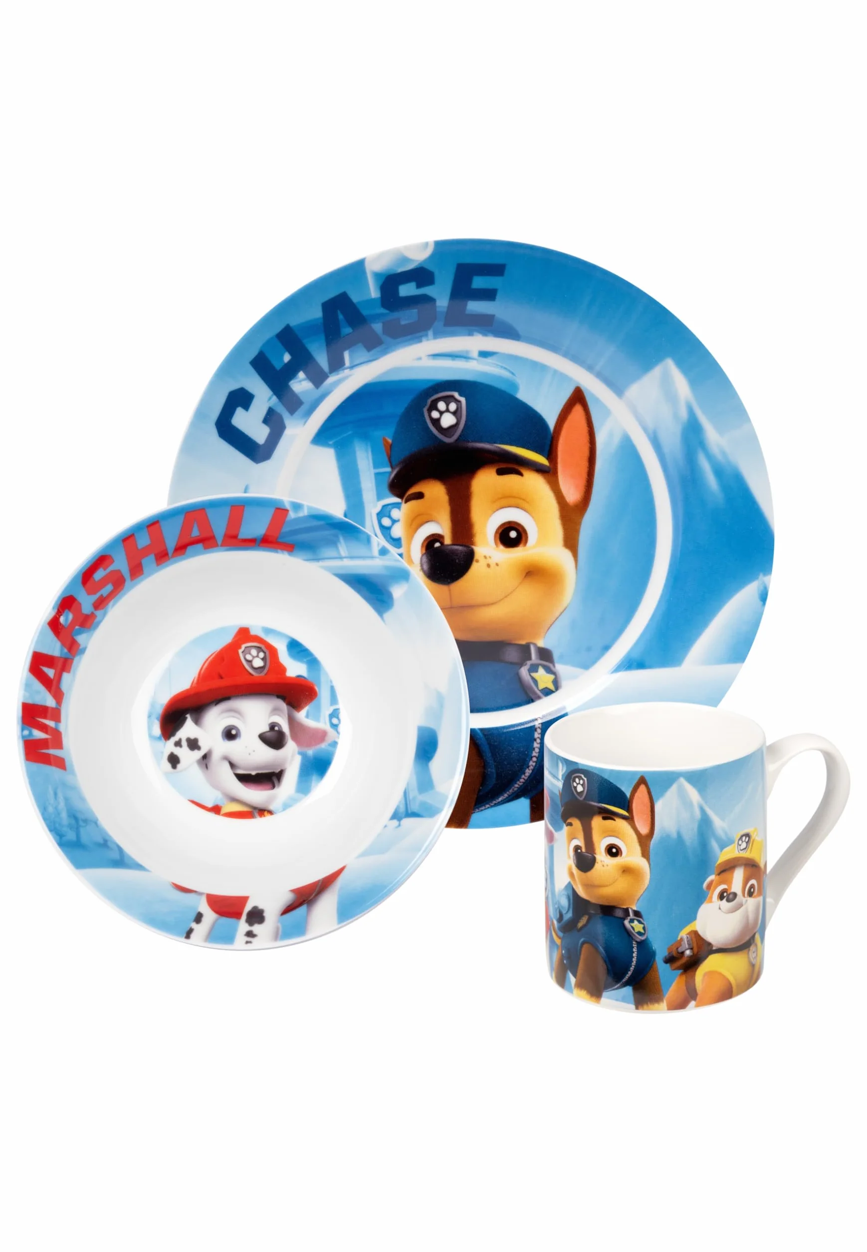 Paw Patrol - Set colazione per bambini, 3 pezzi, piatto in porcellana, ciotola e tazza