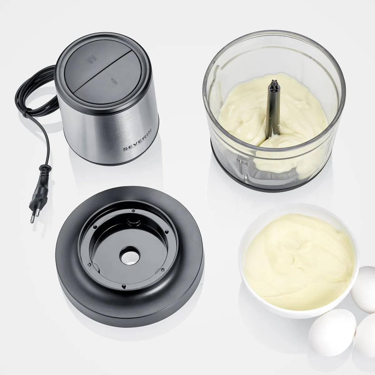 EVERIN Tritatutto da Cucina Elettrico, 1 Litro, 400W, 2 Velocità, Trita Ghiaccio, Disco Emulsionante, Inserto Pela Aglio, Ciotola in Vetro, BPA Free, 15,5 x 15,5 x 24,7 cm, Nero/Inox - KM 3867