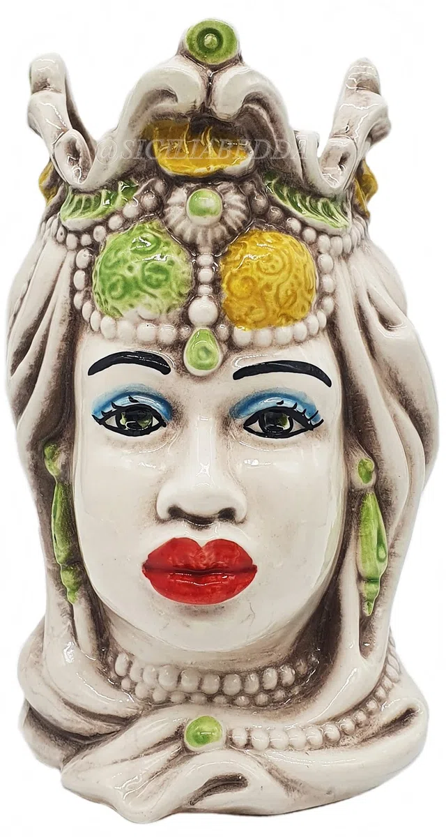 sicilia bedda - Coppia Teste di Moro Siciliane in Ceramica di Caltagirone - Realizzato Interamente a Mano - H 13 Centimetri (Giallo e Verde)