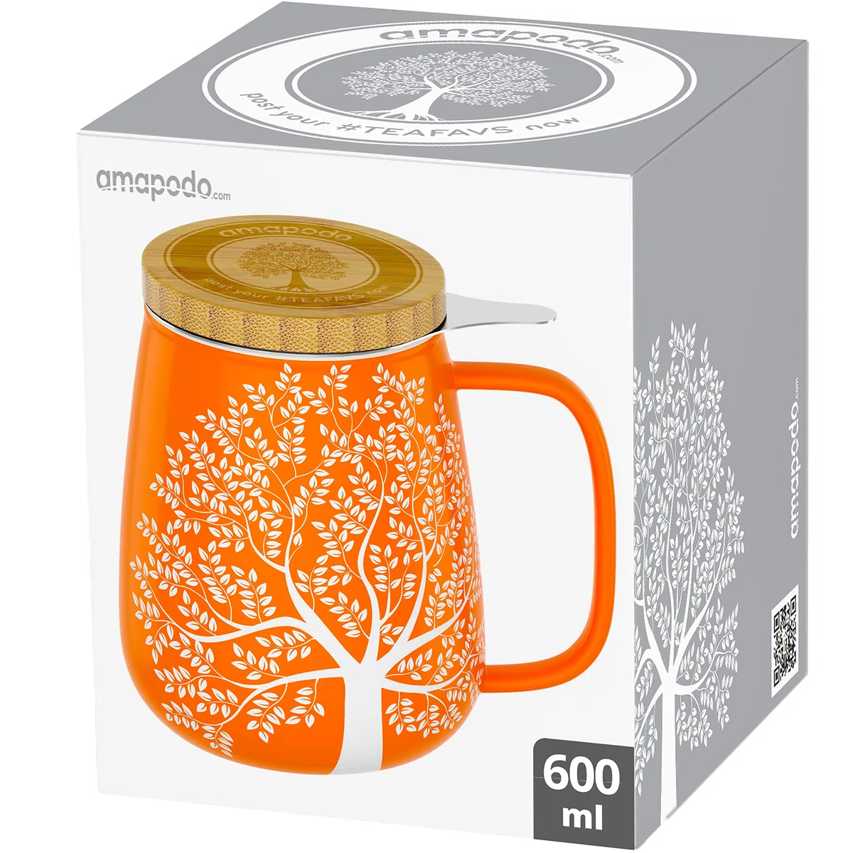 amapodo Tazza da tè con coperchio e colino - Tazza da tè in porcellana grande 600ml - Tazza Jumbo - Set di tazze XXL Arancione - senza plastica