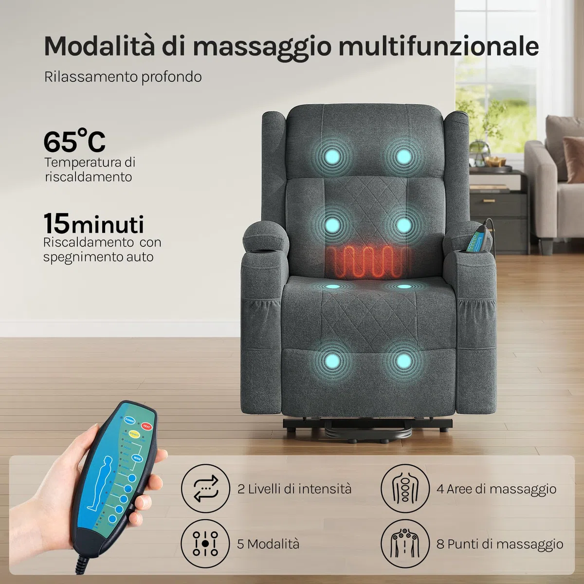 WOLTU Poltrona Elettrica Reclinabile, Sedia Massaggiante con Alzapersone, Riscaldamento, Poggiapiedi, Tasche Laterali, Porta USB, Portabicchieri, per Soggiorno, Tessuto Spugna, Grigio, SKS61gr