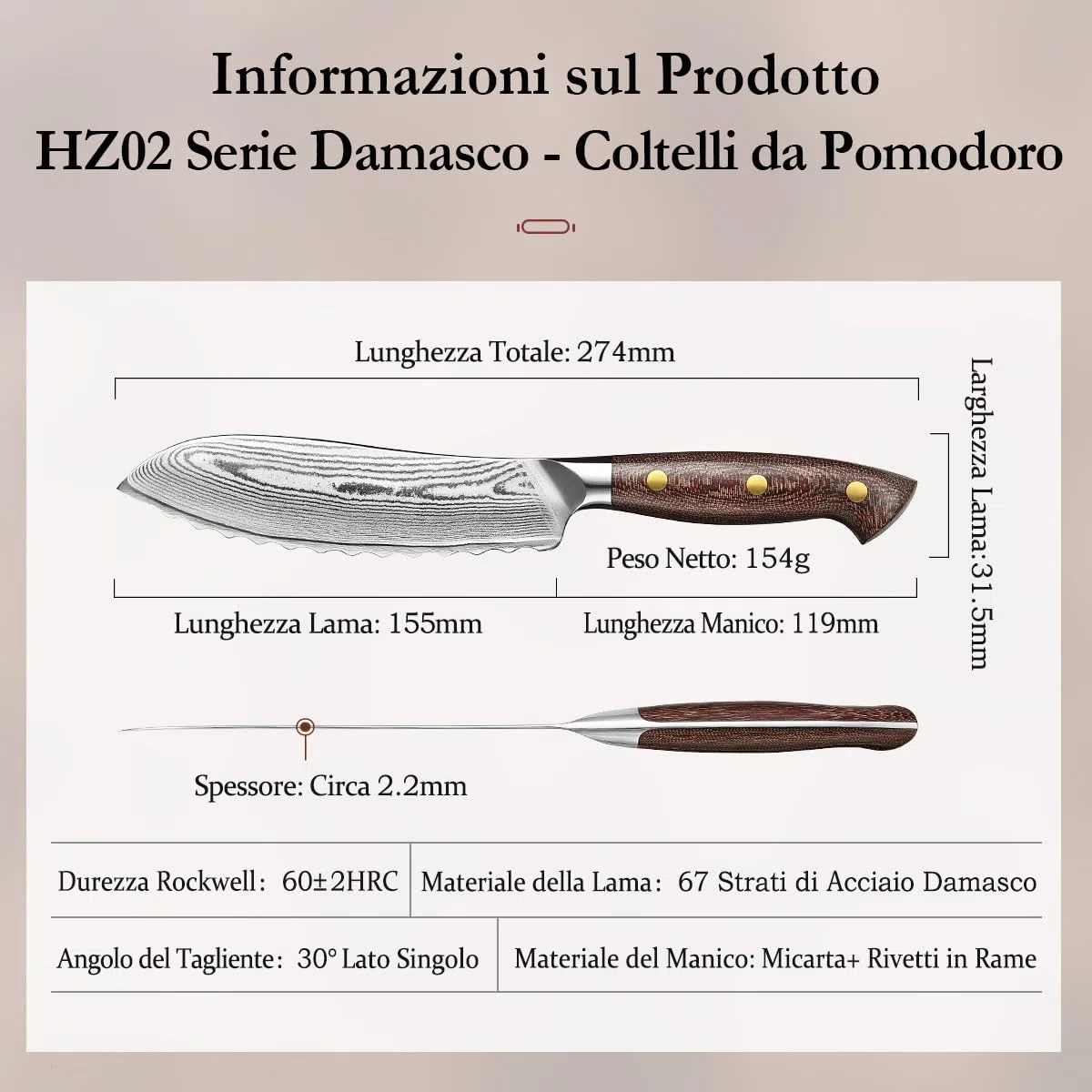 HEZHEN Damasco Coltelli da Pomodoro, 67 Strati di Acciaio Damasco Coltelli ad Alto Tenore di Carbonio, Lama Seghetta Coltelli per Frutta e Verdura, Full Tang Manico in Micarta