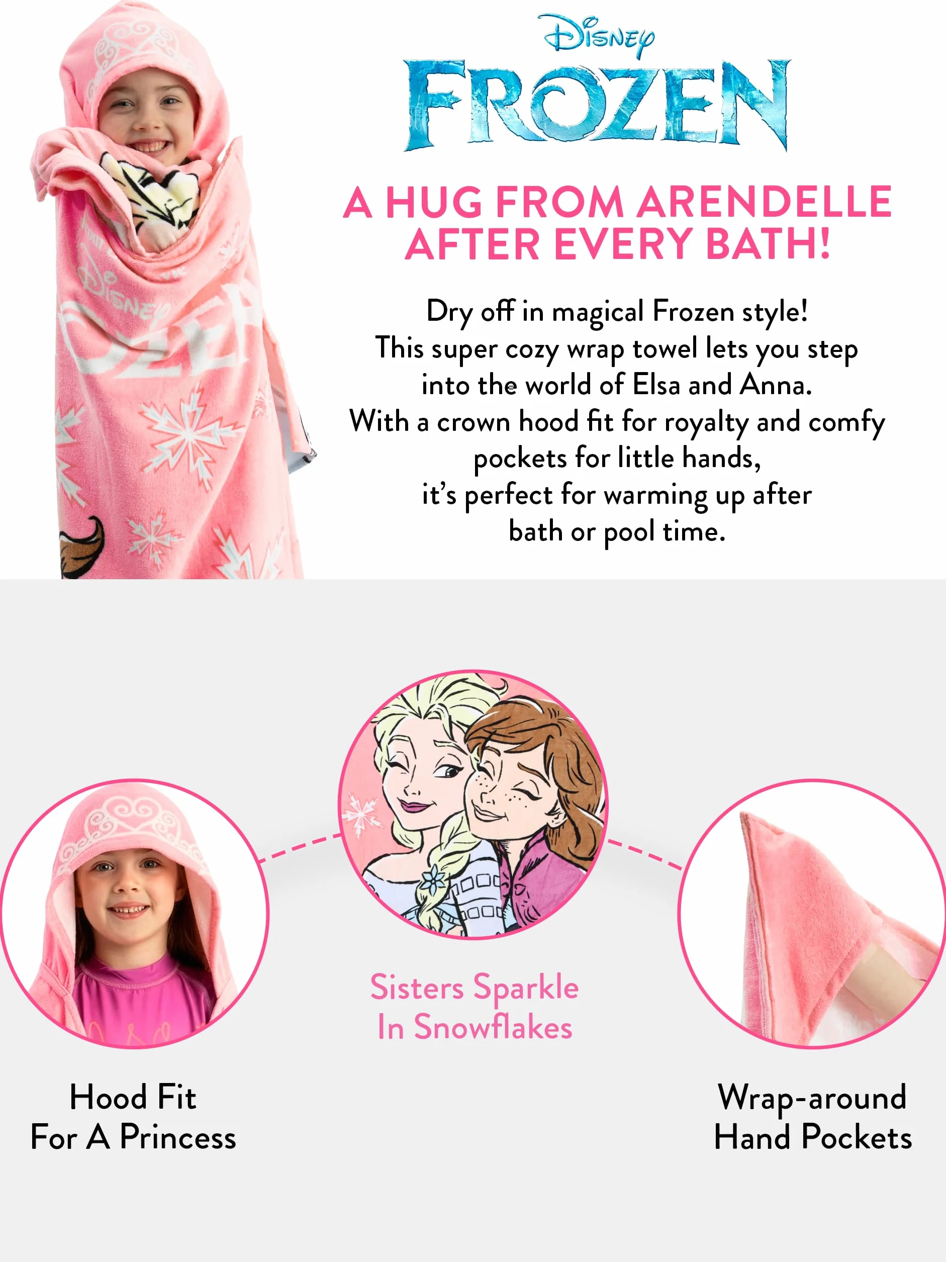 Disney Telo mare Frozen per bambine con Elsa e Anna, Asciugamano Indossabile Per Piscina e Spiaggia, Rosa, Taglia Unica