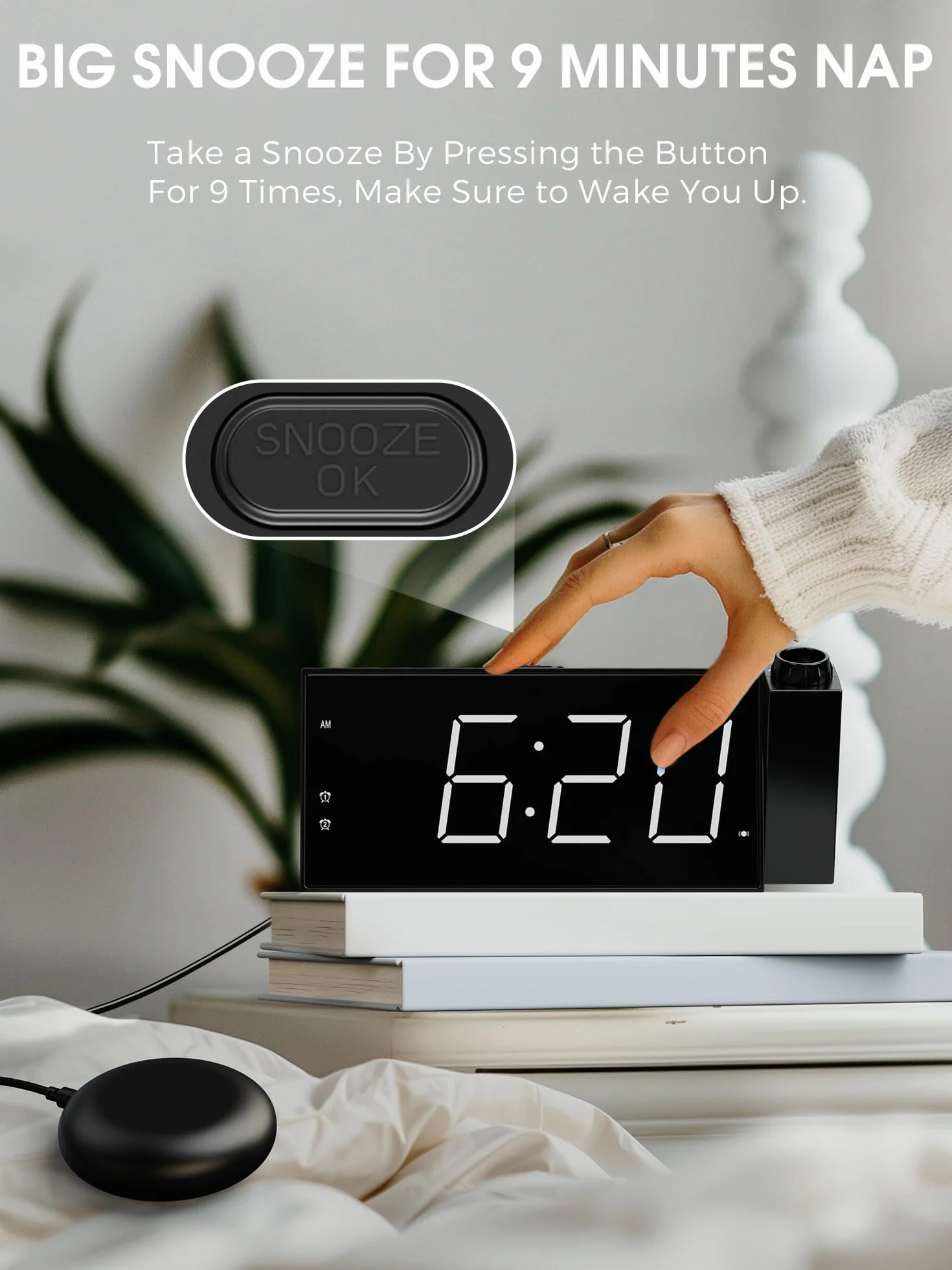 Sveglia A Vibrazione Digitale Con Vibratore per Sordi, Proiezione per Camera da Letto, Doppie Sveglie, Luminosità Regolabile, Volume, Porta USB, Bianco
