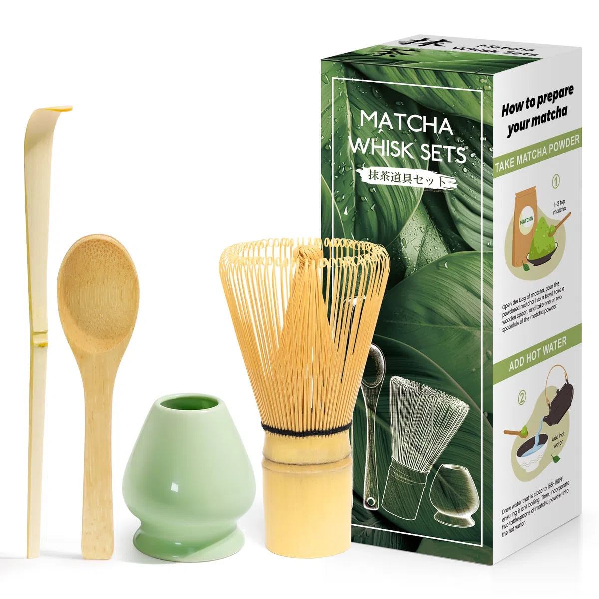 Kit da Cerimonia giapponese Matcha 4 Pezzi, Frusta Matcha Verde in Resinoso, Cucchiaio in Bambù, Paletta in Bambù, Porta Frullino, Matcha Set per la bevanda