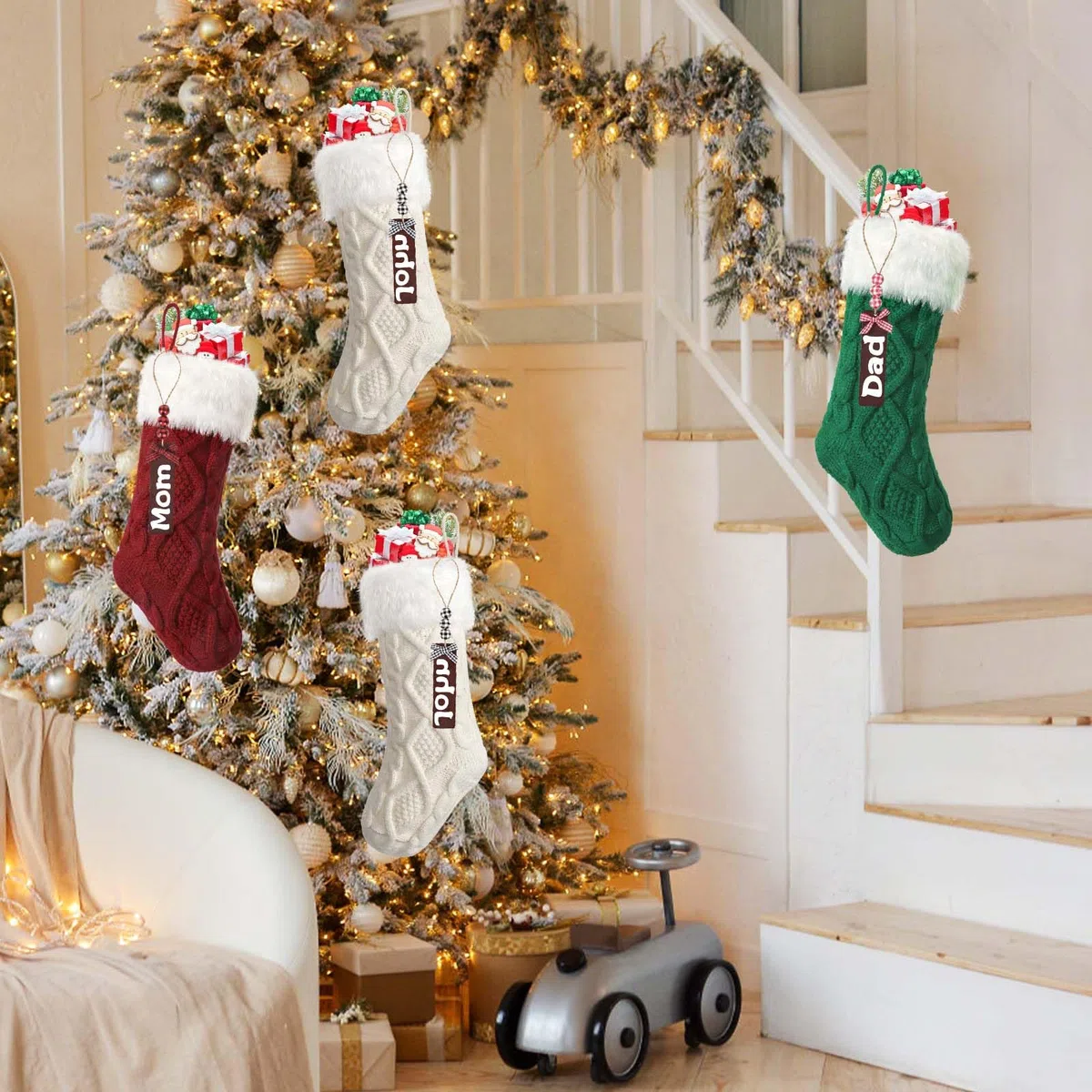 3 pezzi Calze natalizie lavorate a maglia in lana con targhette con nome, calze di Natale decorative, calze di Natale per feste di Natale, decorazioni natalizie e regali per bambini