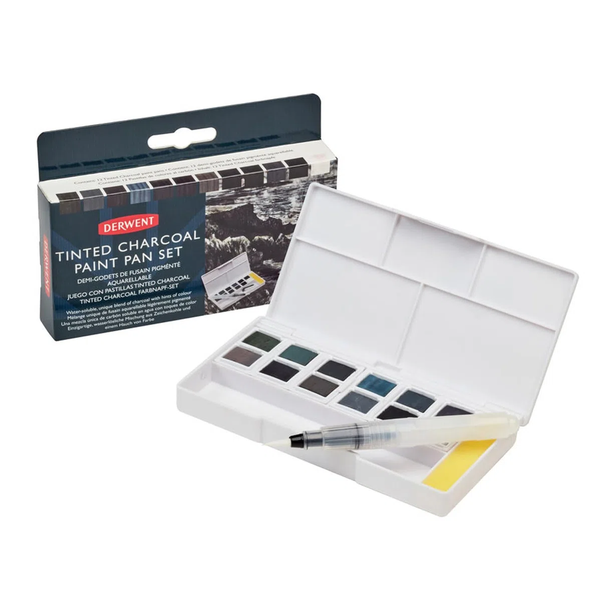 Derwent Tinted Charcoal Set di 12 Colori a Carboncino Acquarellabili e Sfumabili, Include 1 x Astuccio Portatile, 5 x Tavolozze, 1 x Mini Waterbrush ed 1 x Spugna per la Pulizia