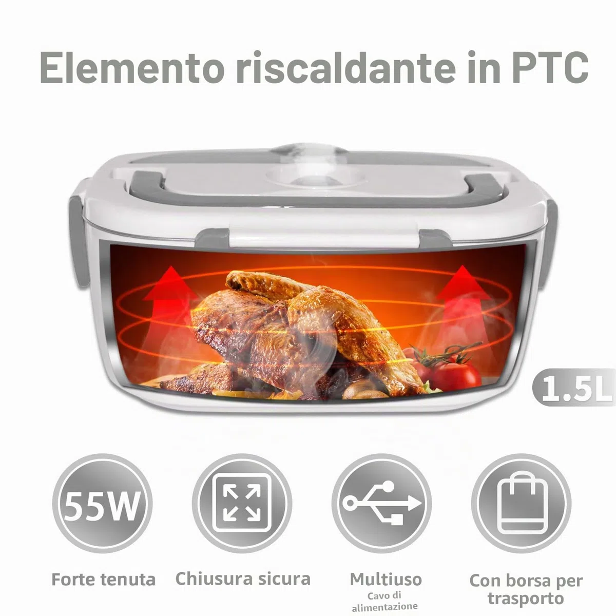 Poligono Scaldavivande Elettrico Portatile con Borsa Termica, Lunch Box 1.5L Portavivande Termico Elettronico Portatile in Acciaio Inox, Porta Pranzo da Ufficio e Auto(55W 220V), Grigio
