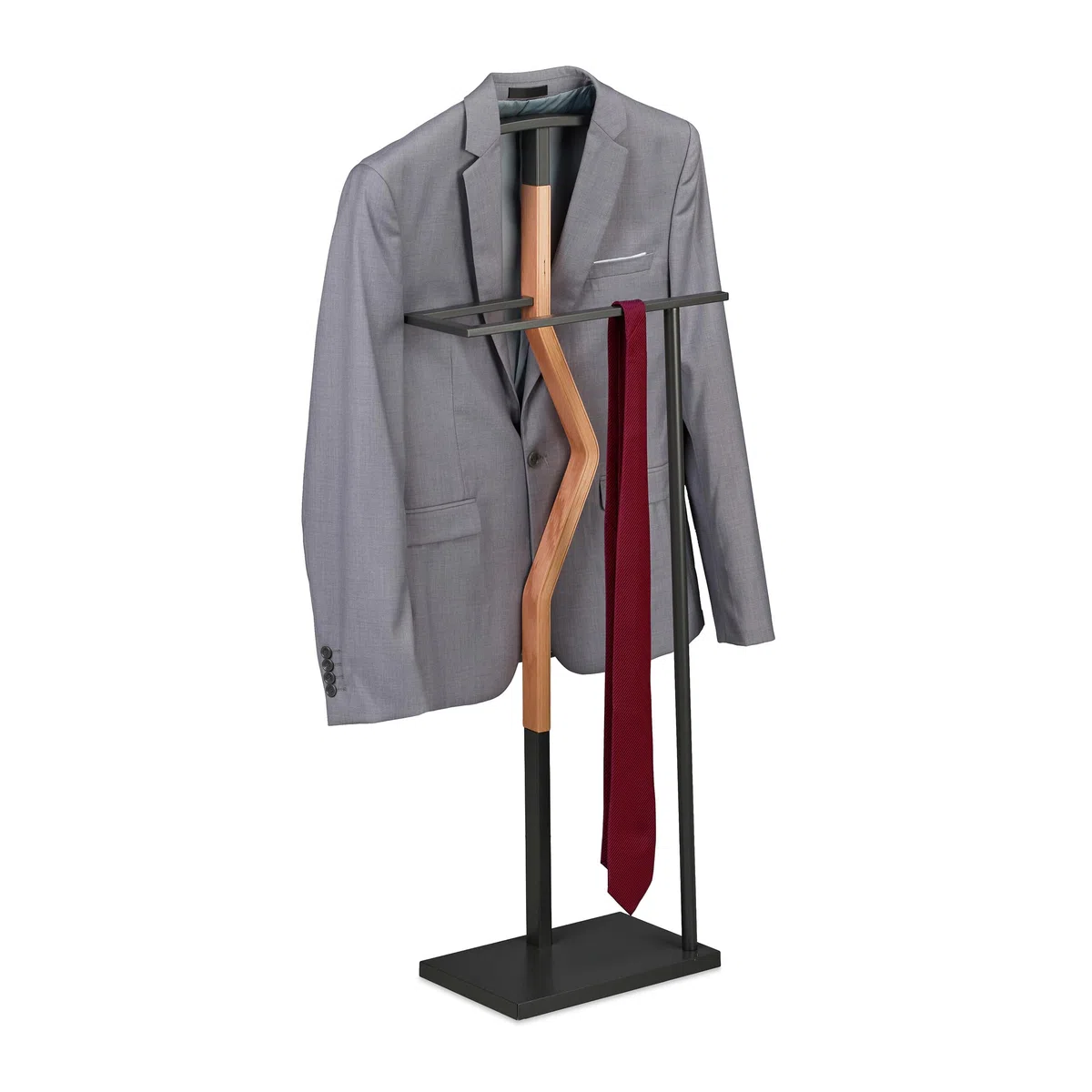 Relaxdays Servo Muto da Camera, Appendiabiti da Terra per Giacca e Pantalone 107x48x20 cm, Acciaio e MDF, Grigio Marrone